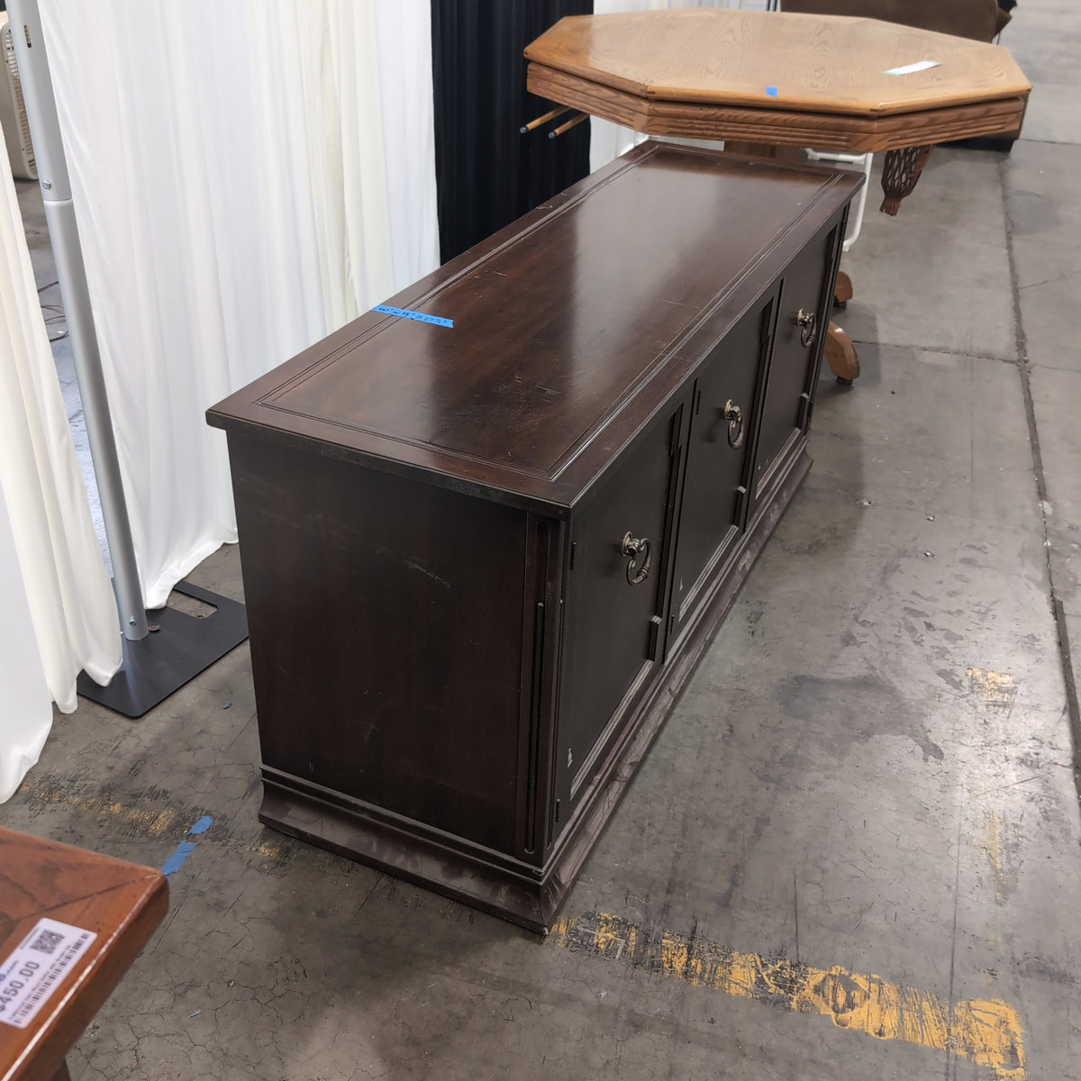 Dark Hardwood Three-Door Buffet with Ornate Pulls