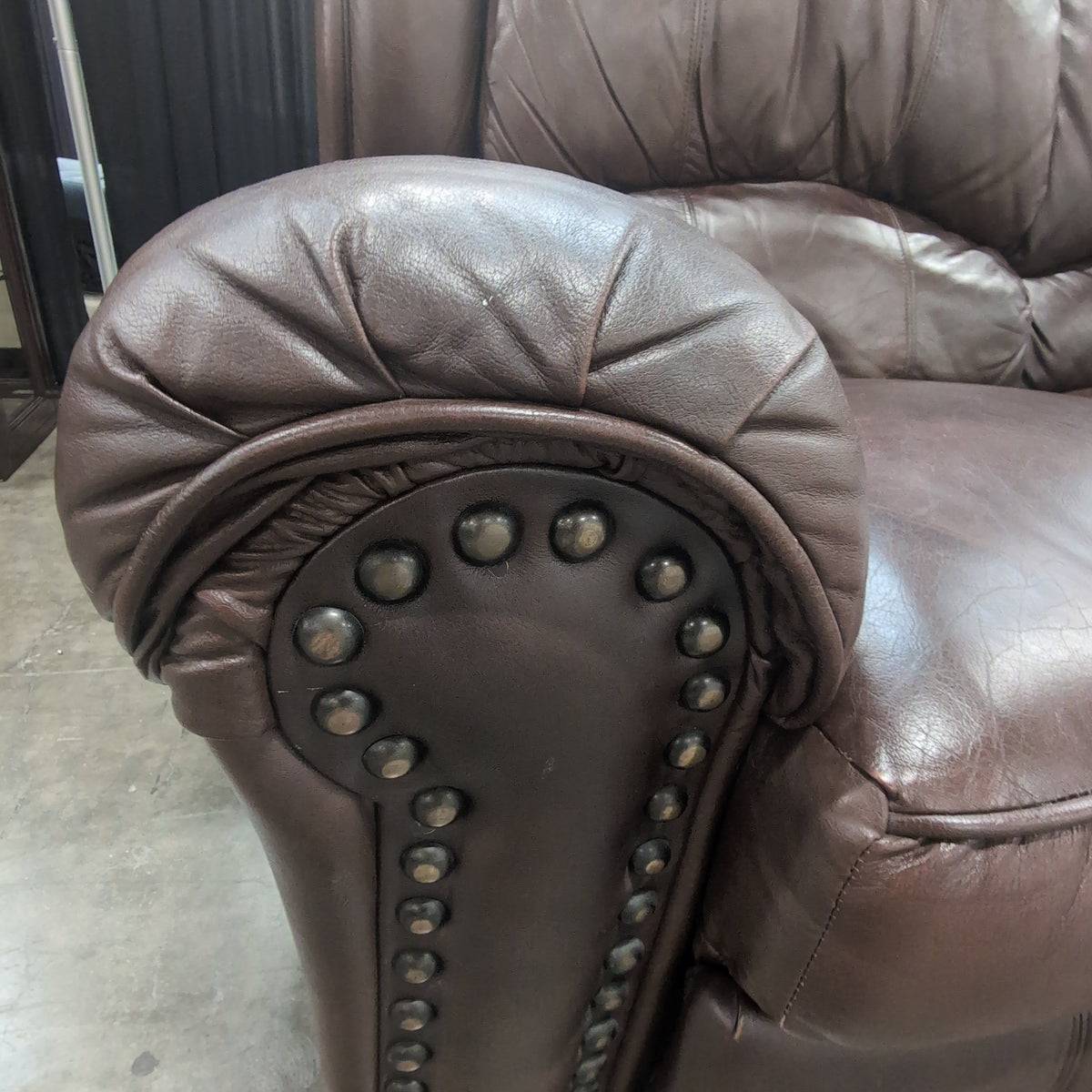 Dark Brown Leather Rolled Arm Couch with Nailhead Trim