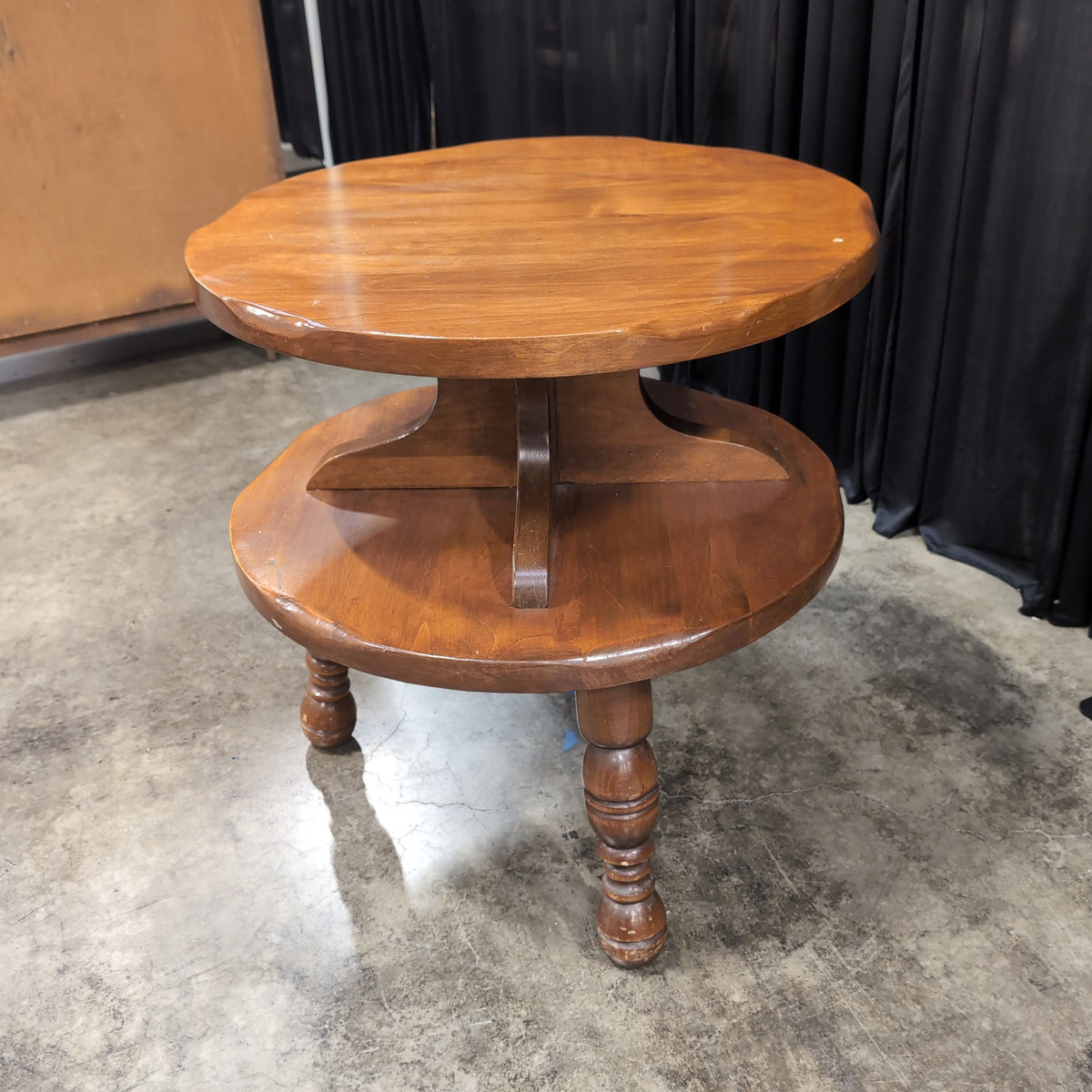 Two-Tiered Round Wood End Table with Turned Legs