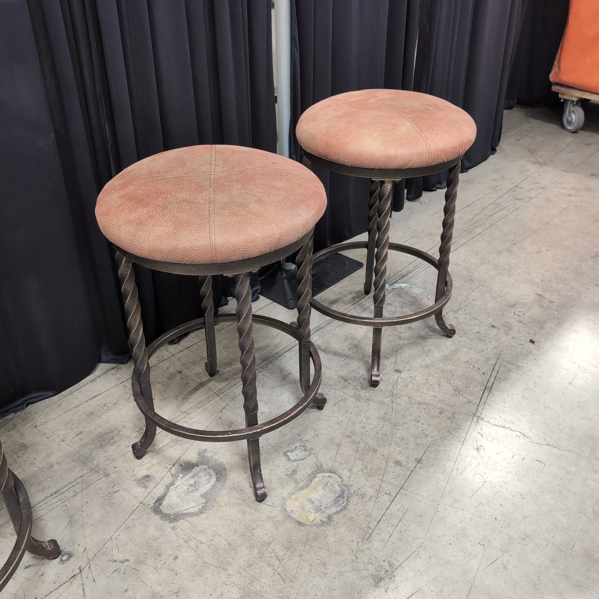 Pair of Twisted Wrought Iron Bar Stools with Upholstered Seats