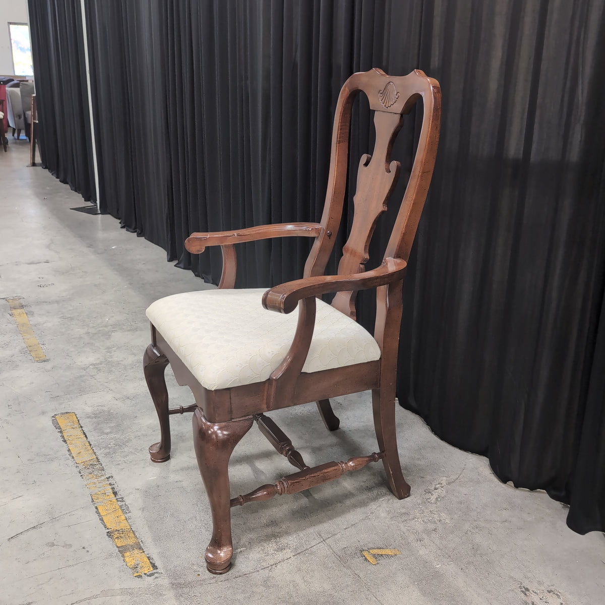 Queen Anne Style Upholstered Dining Armchair in Dark Wood