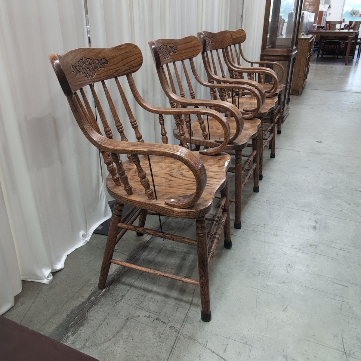 Carved Spindle Back Wood Dining Chair with Curved Arms