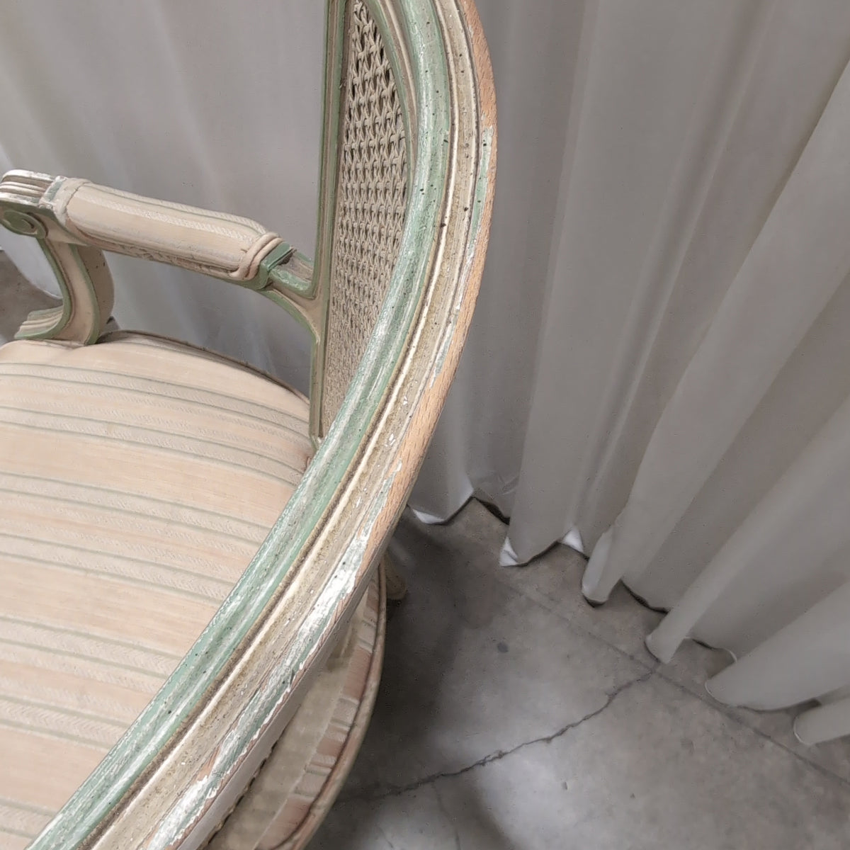 French Provincial Cane Back Accent Chair with Striped Upholstery