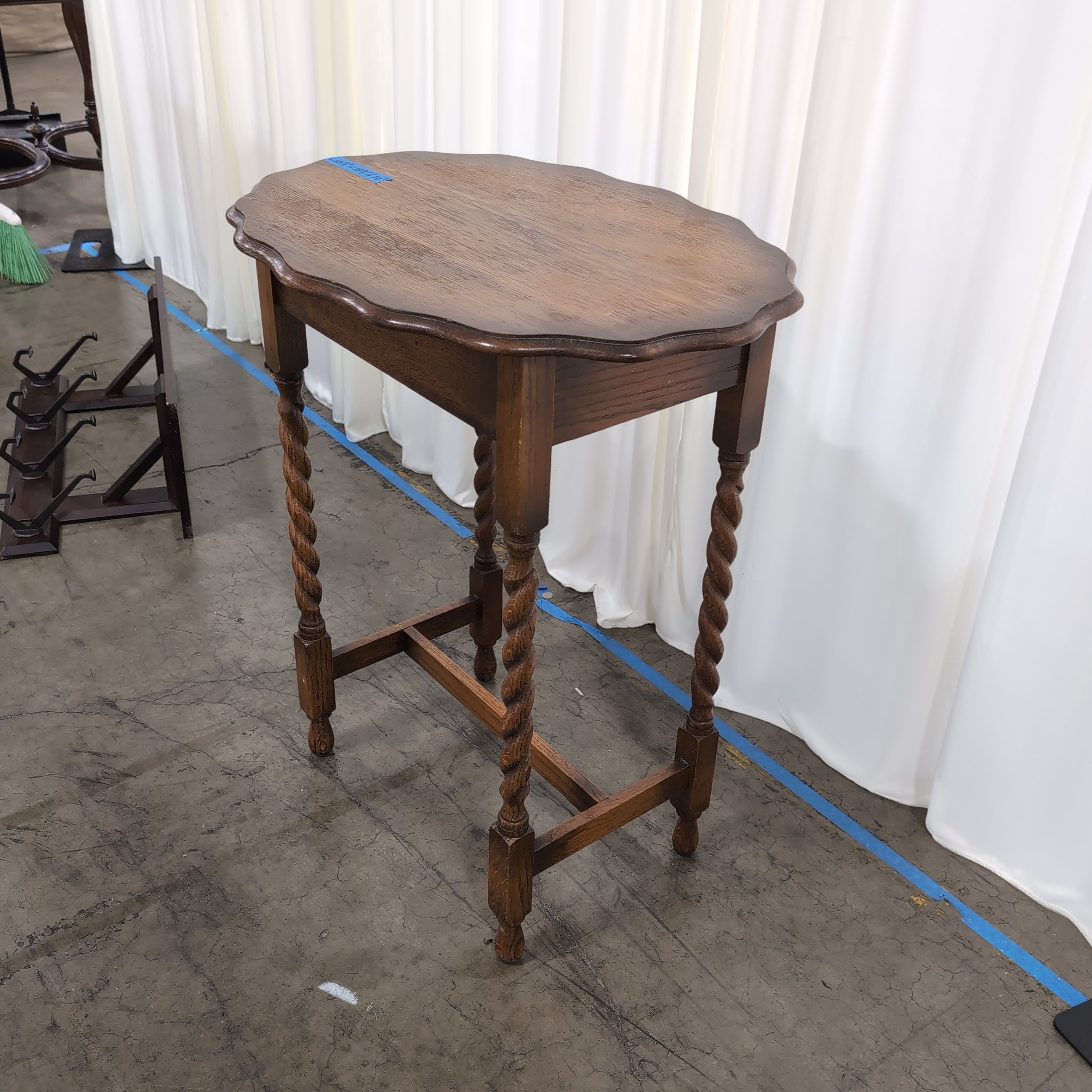 Vintage Scalloped Top Wood End Table with Barley Twist Legs
