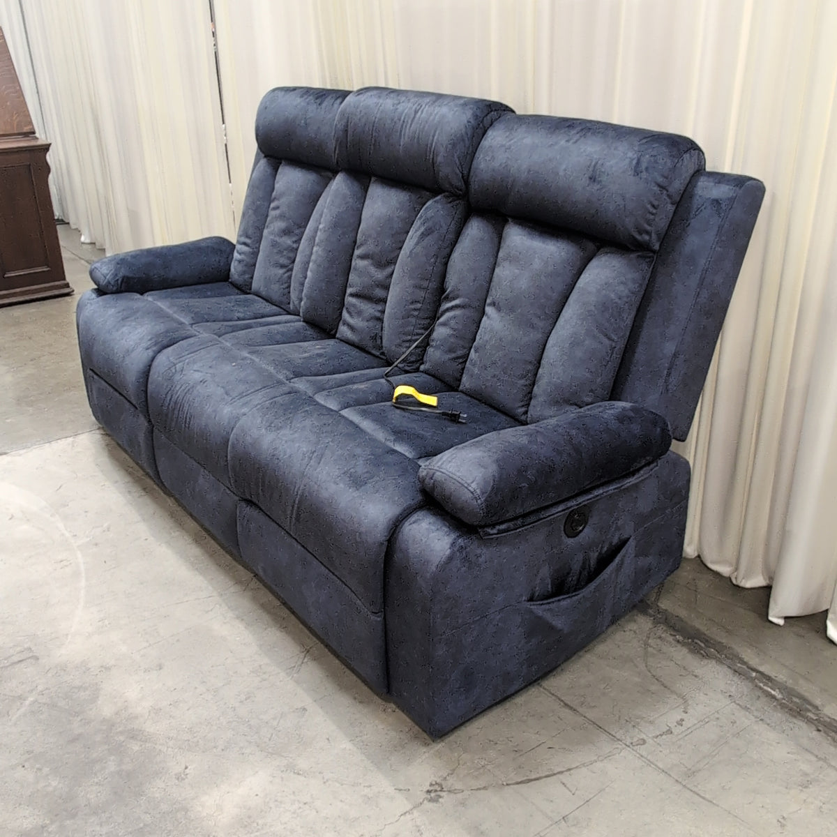 Charcoal Blue Microsuede Reclining Couch with Channel Tufting