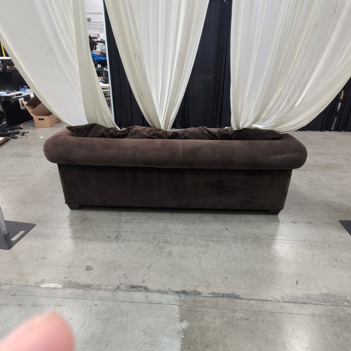 Dark Brown Plush Fabric Couch with Nailhead Trim