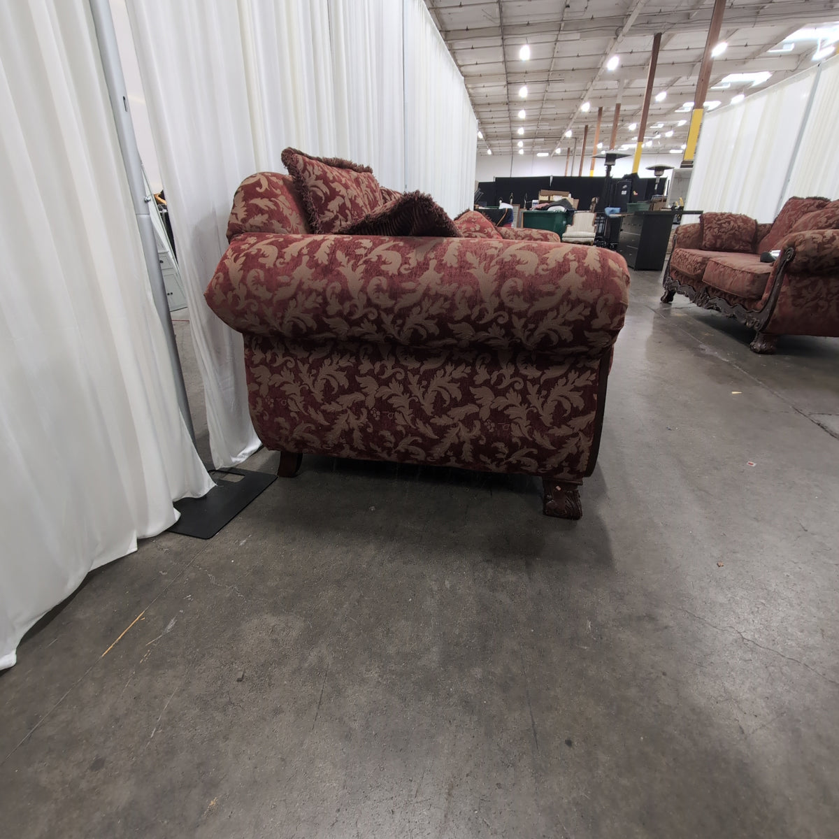 Ornate Red and Gold Damask Loveseat with Carved Wood