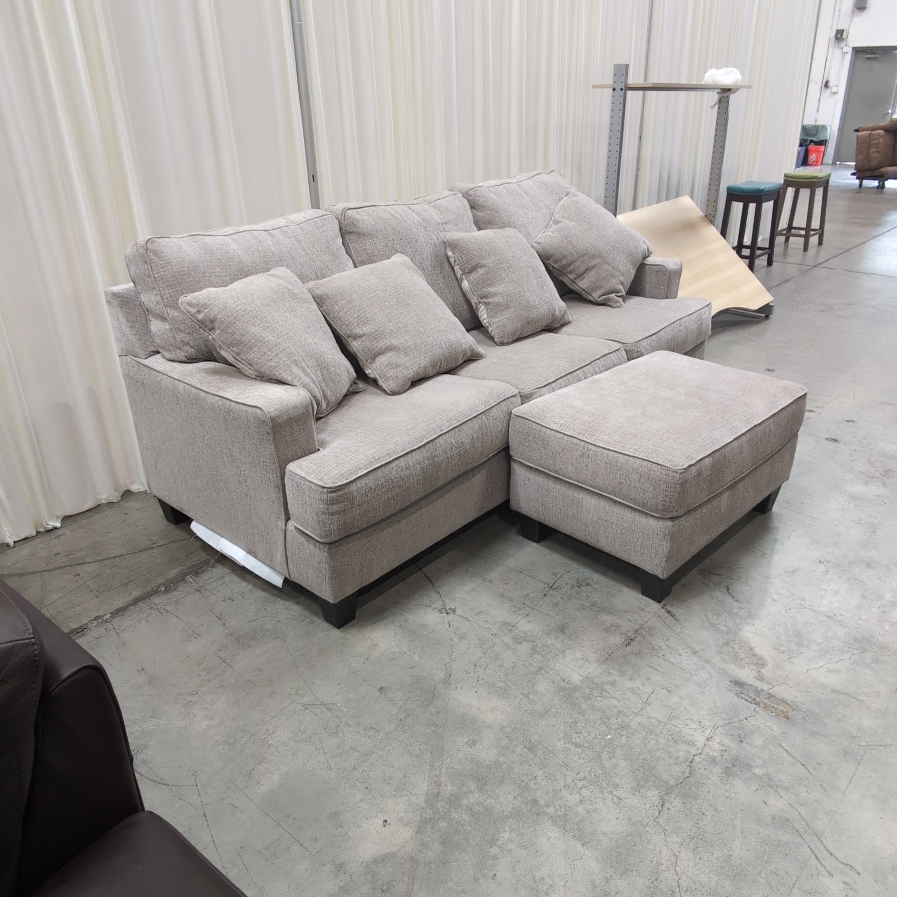 Light Grey Woven Fabric Three-Seat Couch with Storage Ottoman