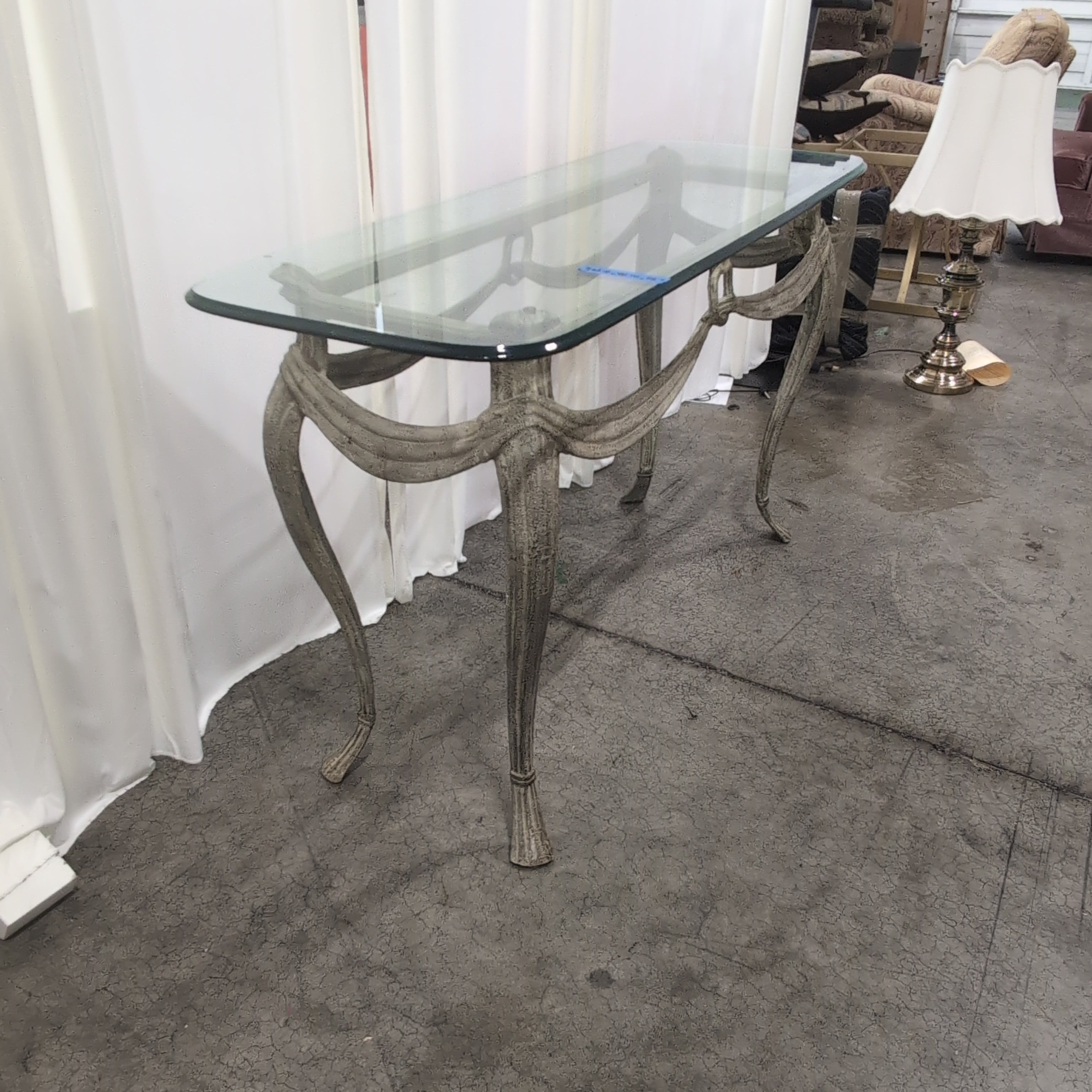 Distressed Gold Metal Console Table with Glass Top