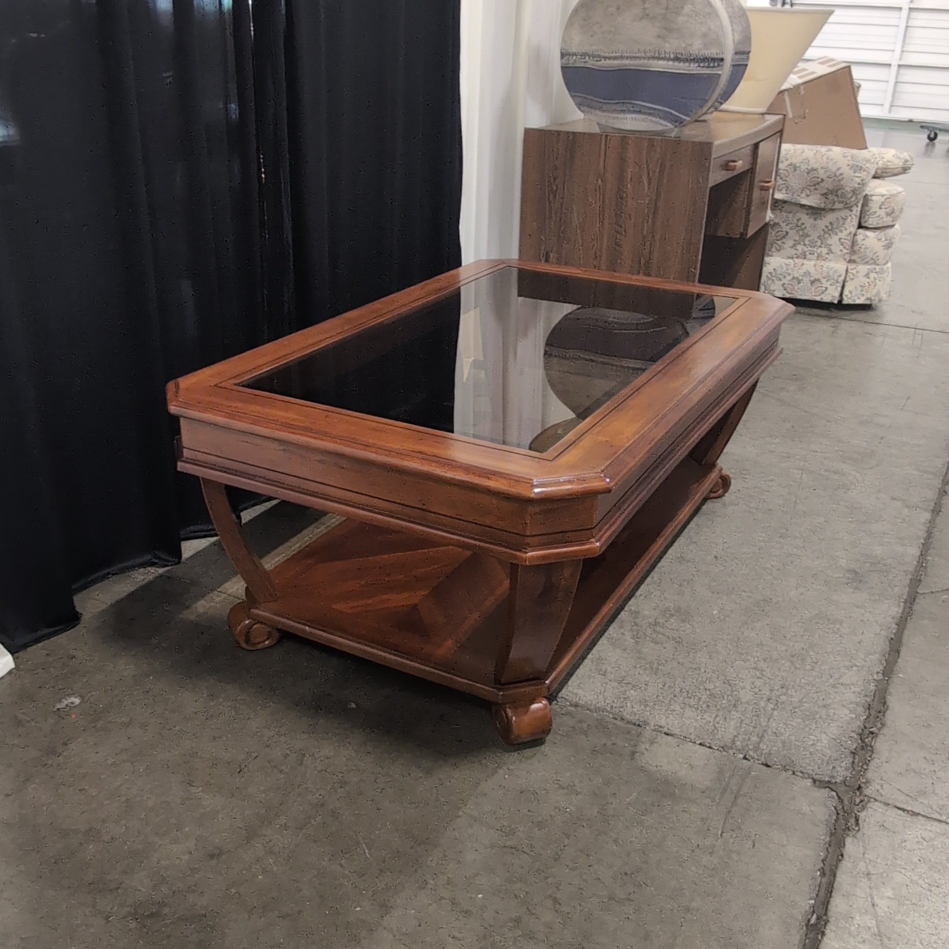 Traditional Reddish-Brown Wood Coffee Table with Glass Top