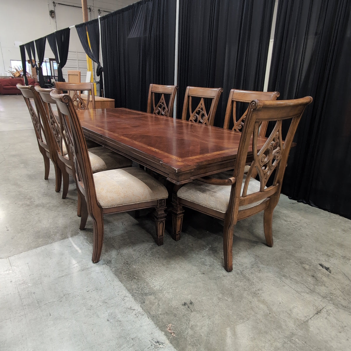 Ornate Carved Back Dining Table Set with Six Chairs