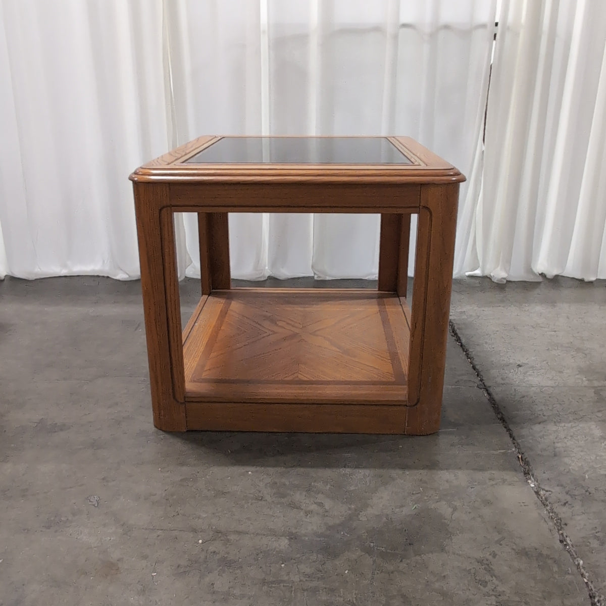 Traditional Brown Wood End Table with Glass Top