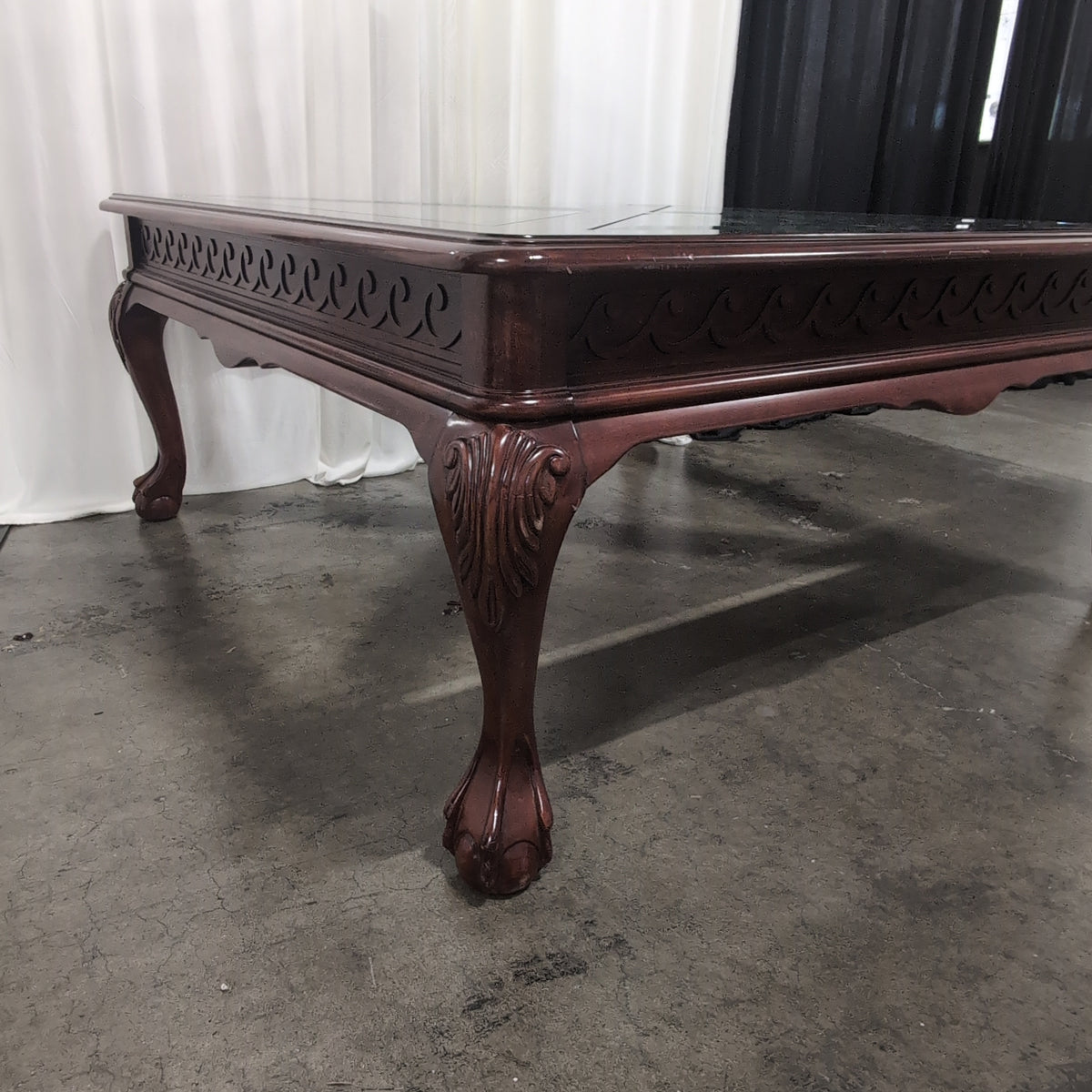 Traditional Dark Wood Square Coffee Table with Glass Top
