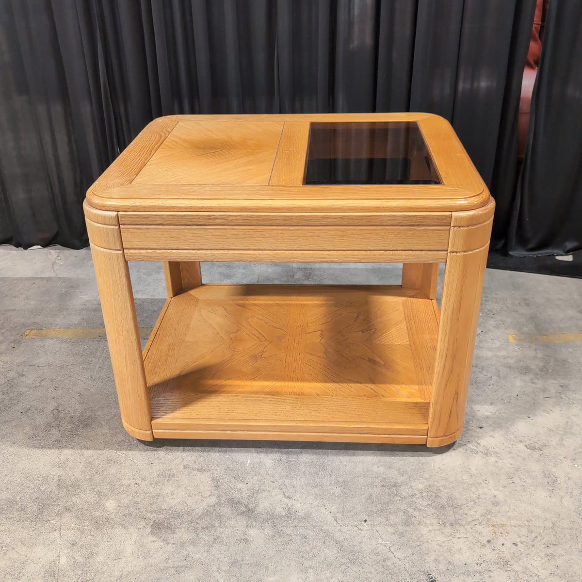 Traditional Light Oak Square End Table with Glass Top