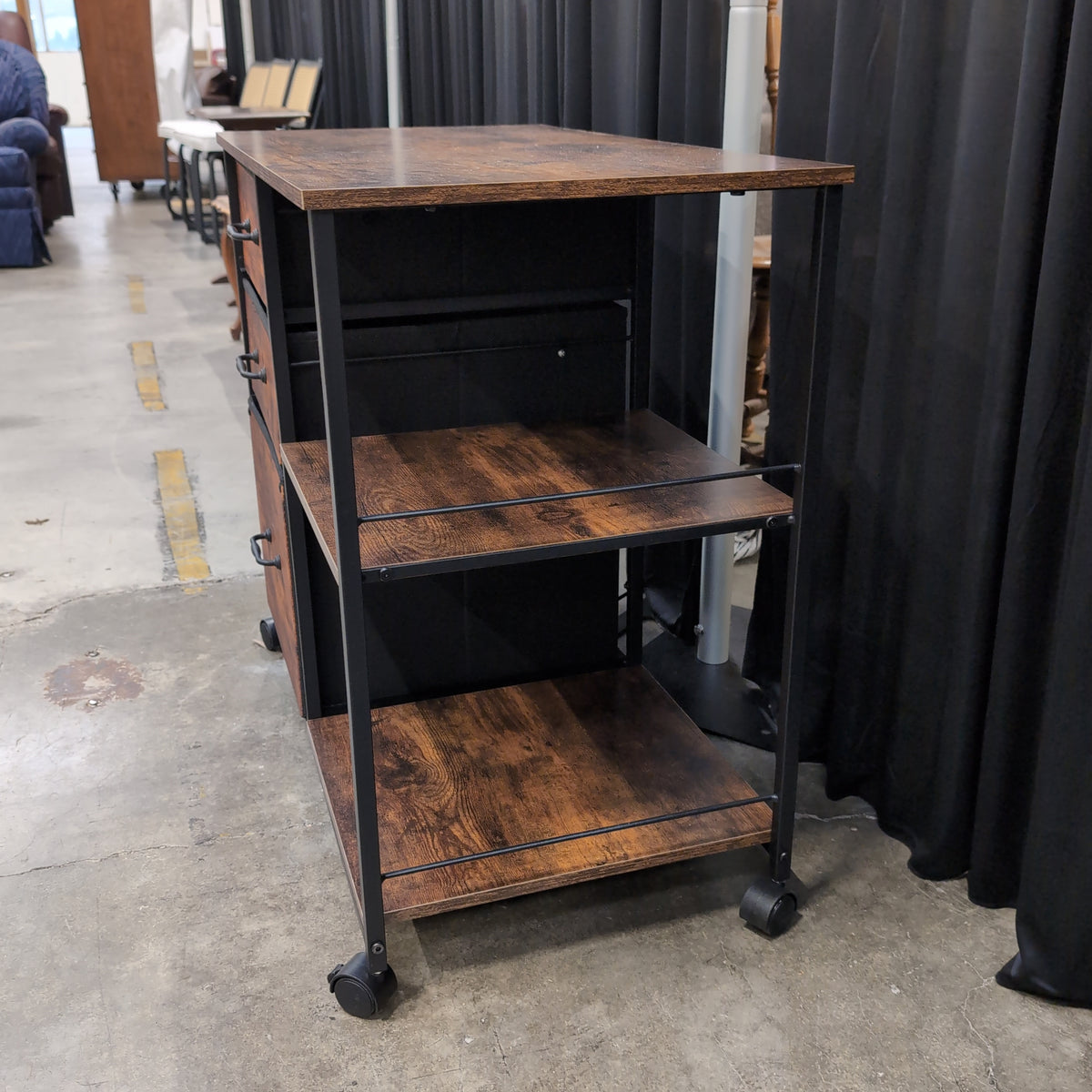 Rustic Wood-Look Industrial Rolling Storage Cart with Drawers