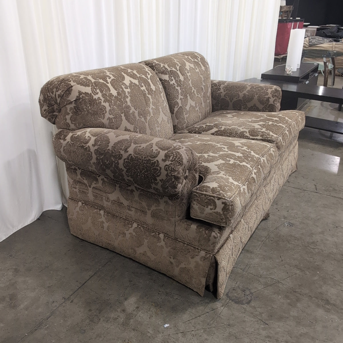 Traditional Brown Damask Upholstered Loveseat with Rolled Arms
