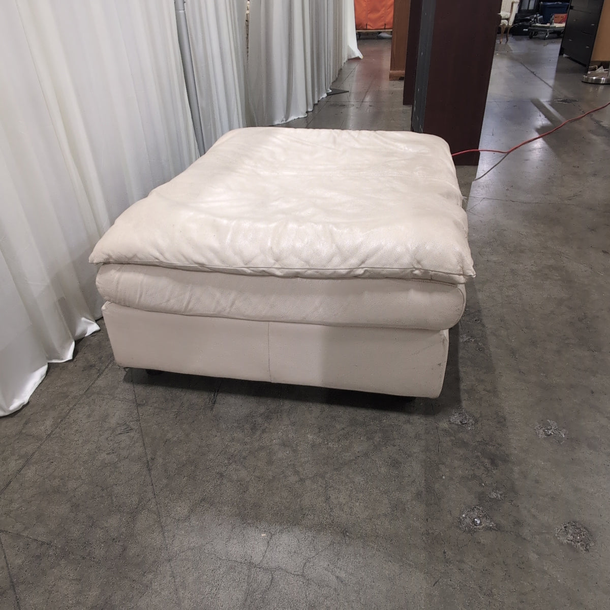 Off-White Faux Leather Ottoman with Top Stitching