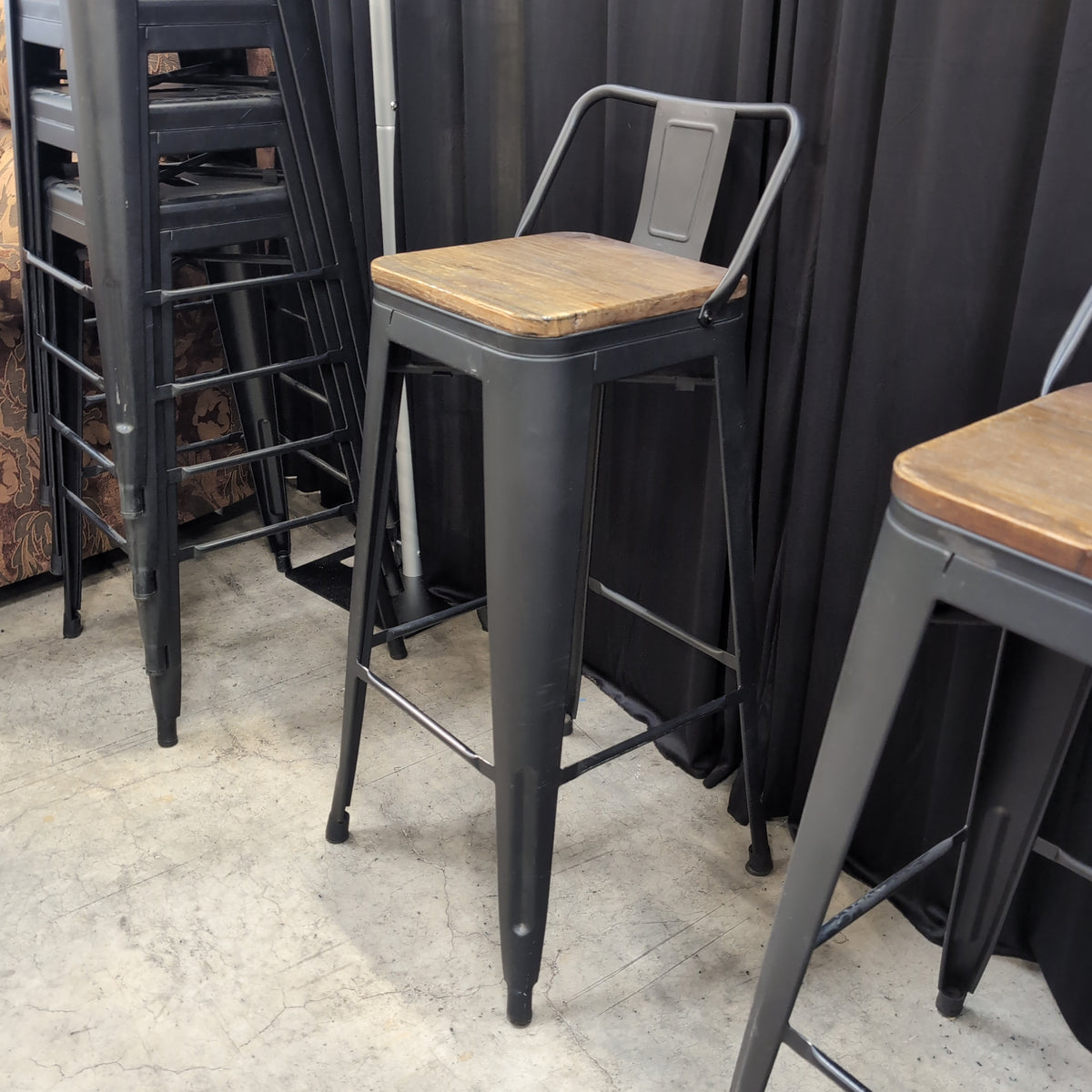 Industrial Style Dark Wood Seat Bar Stool