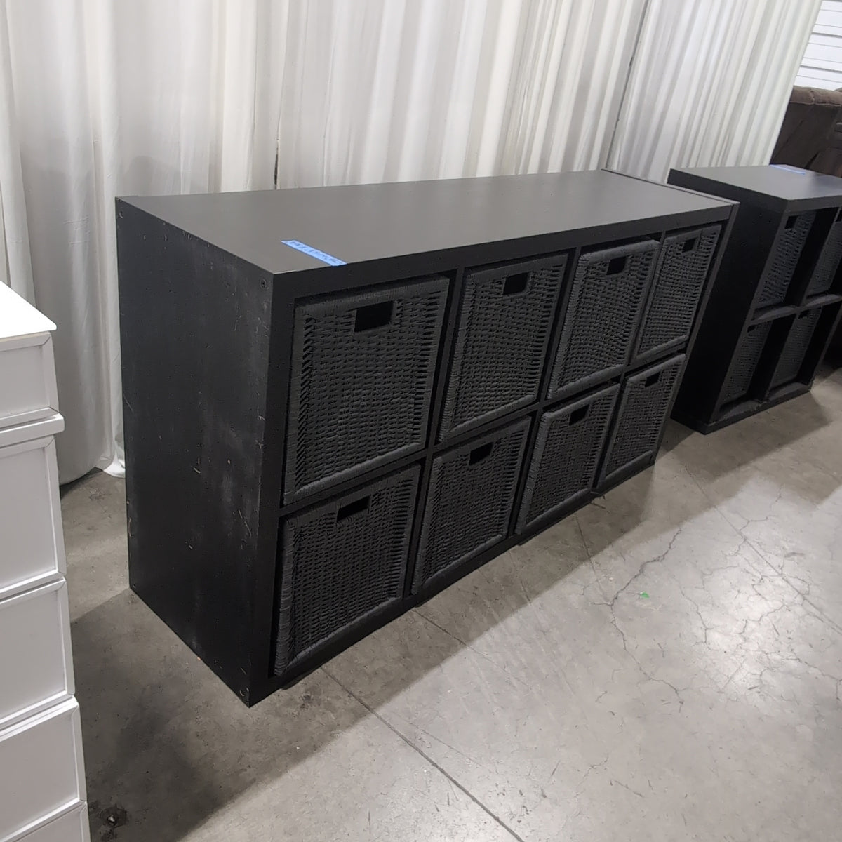 Dark Brown Eight-Cube Bookcase with Grey Baskets