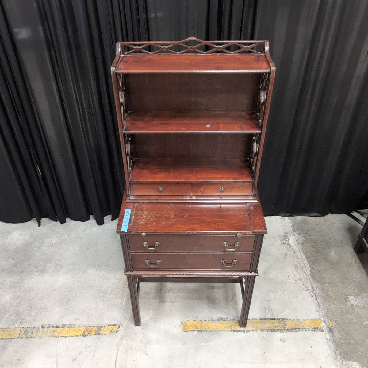 Traditional Dark Wood Drop-Front Desk with Fretwork Hutch