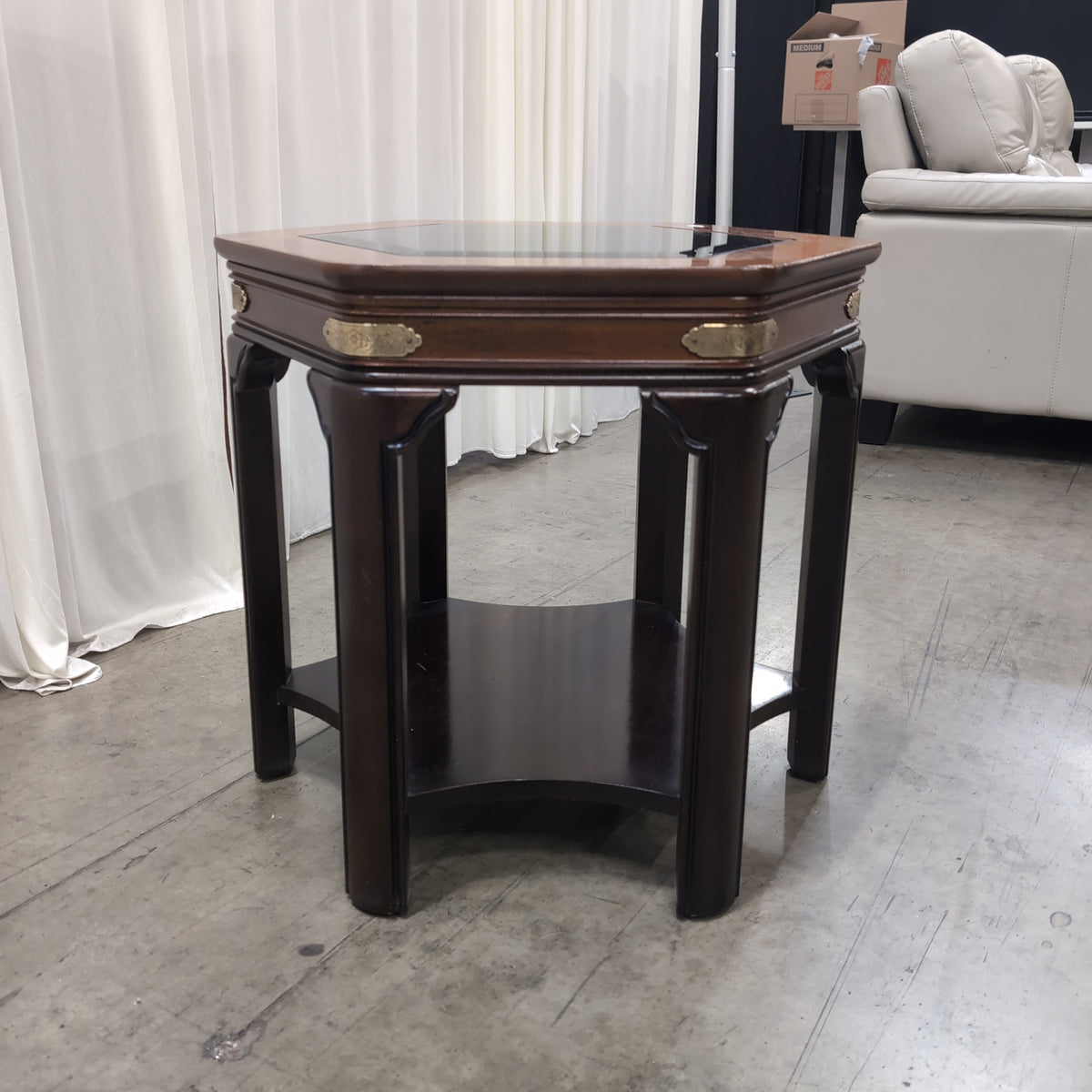 Hexagonal Dark Wood End Table with Glass Top