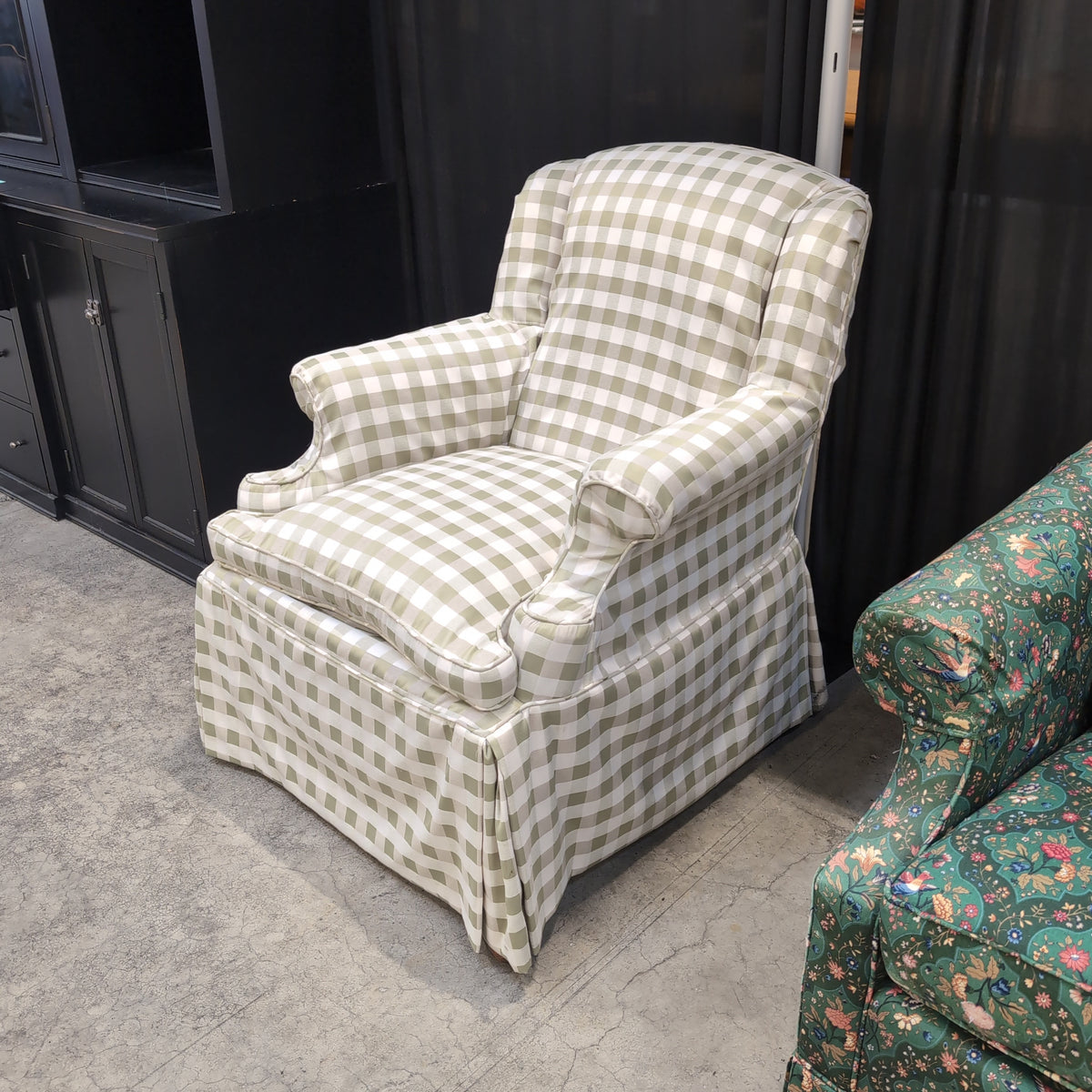 Light Green Gingham Skirted Armchair
