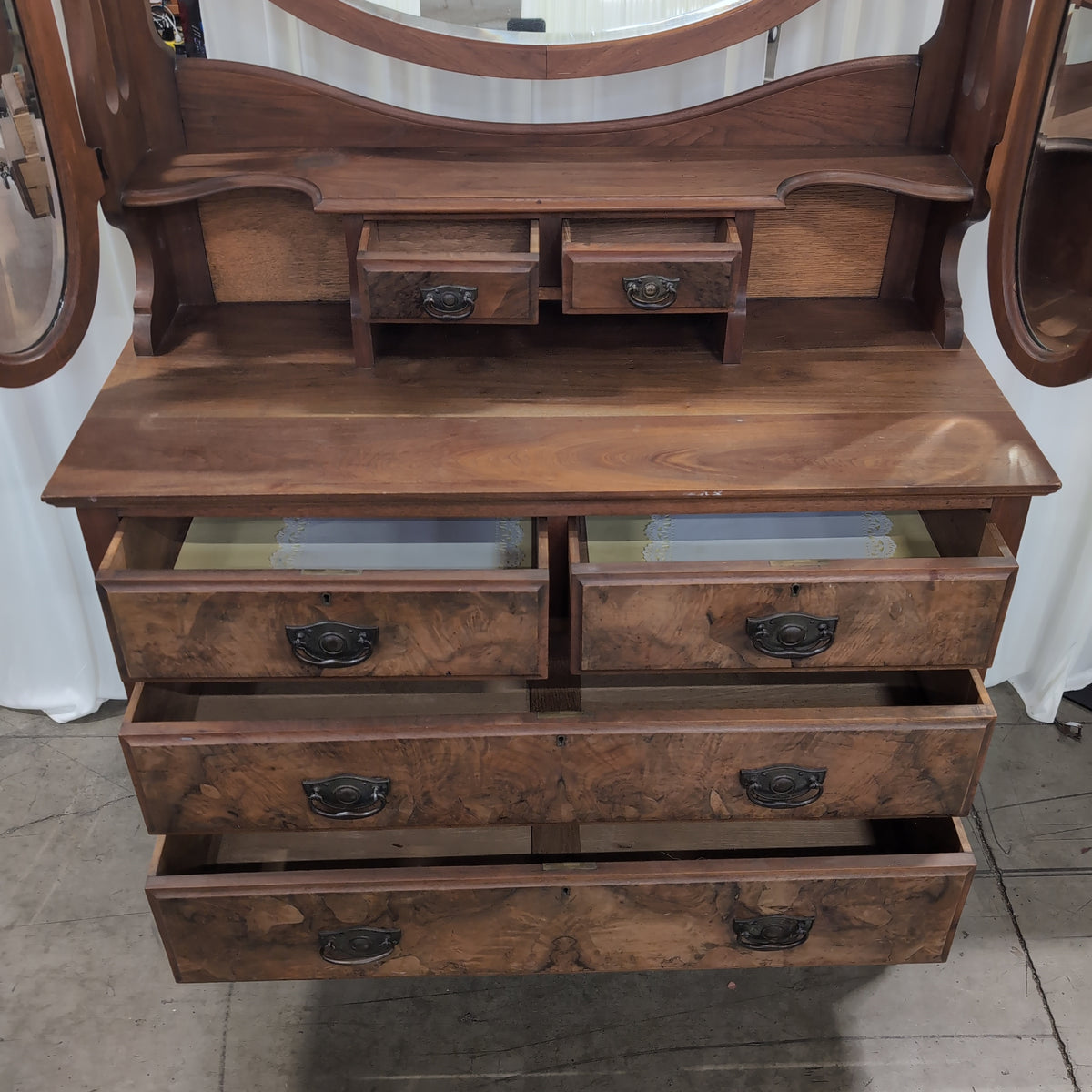 Antique Wood Dresser with Decorative Hutch Top