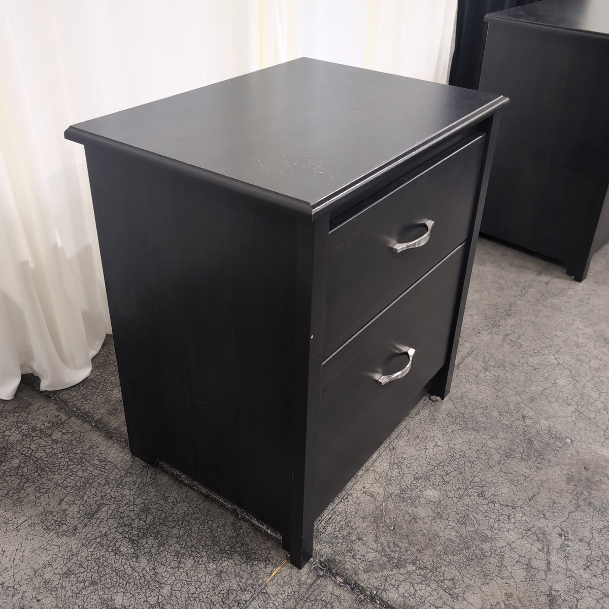 Dark Wood Two-Drawer Nightstand with Silver Handles