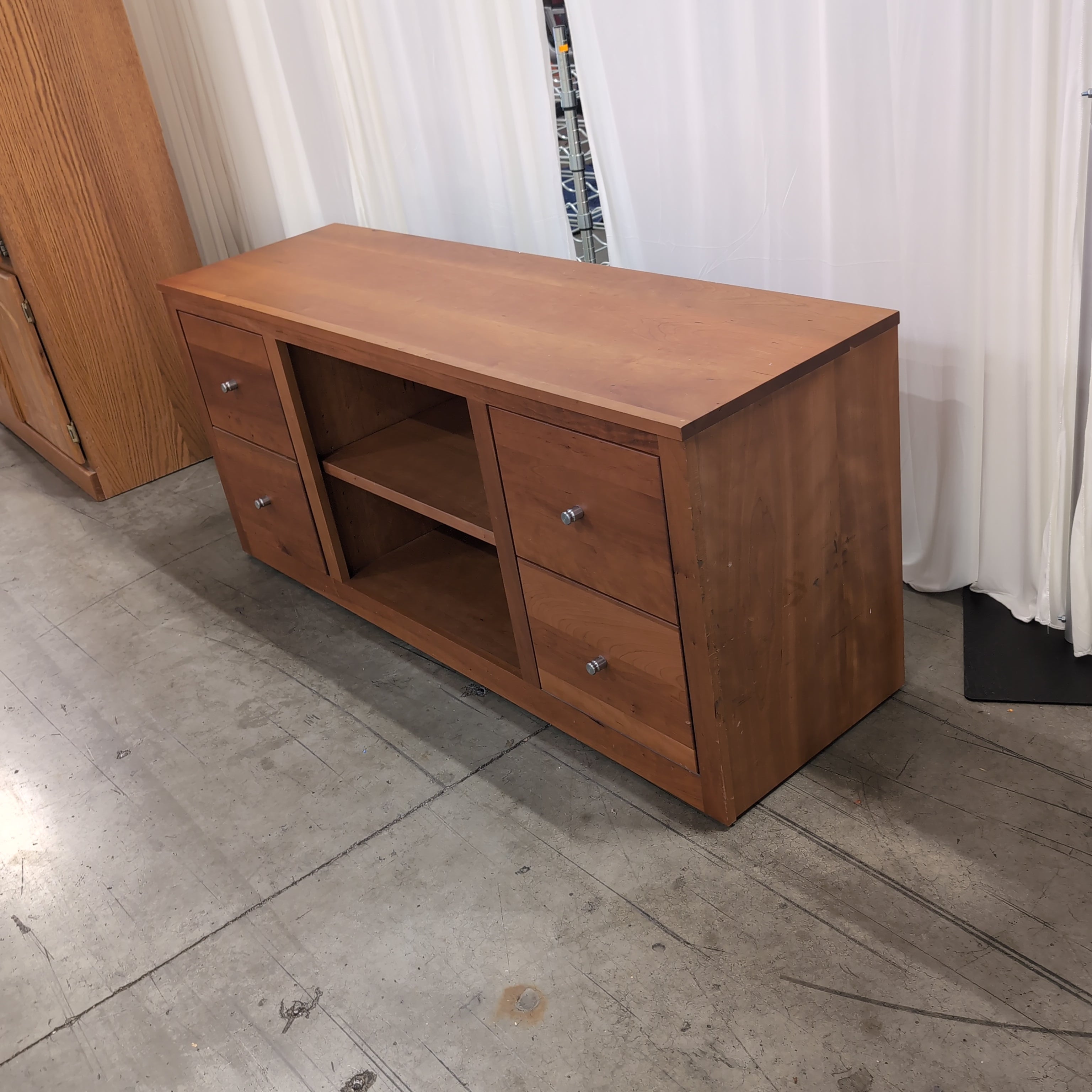 Brown Hardwood Long TV Stand with Silver Hardware