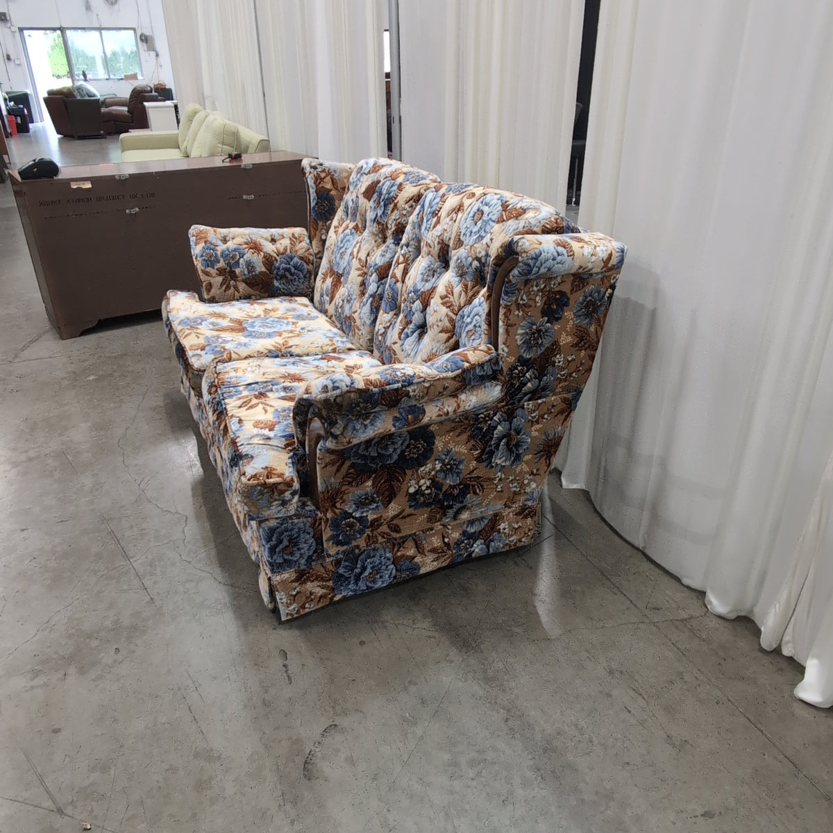 Vintage Floral Upholstered Couch with Wood Arms