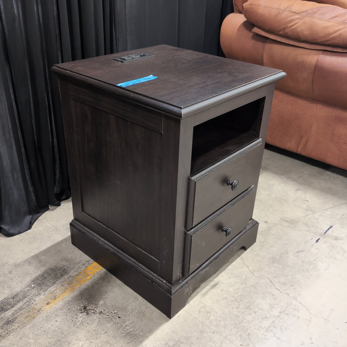 Dark Wood Two-Drawer Nightstand with Open Shelf
