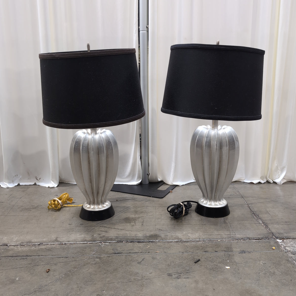 Pair of Fluted Glass Table Lamps with Black Shades