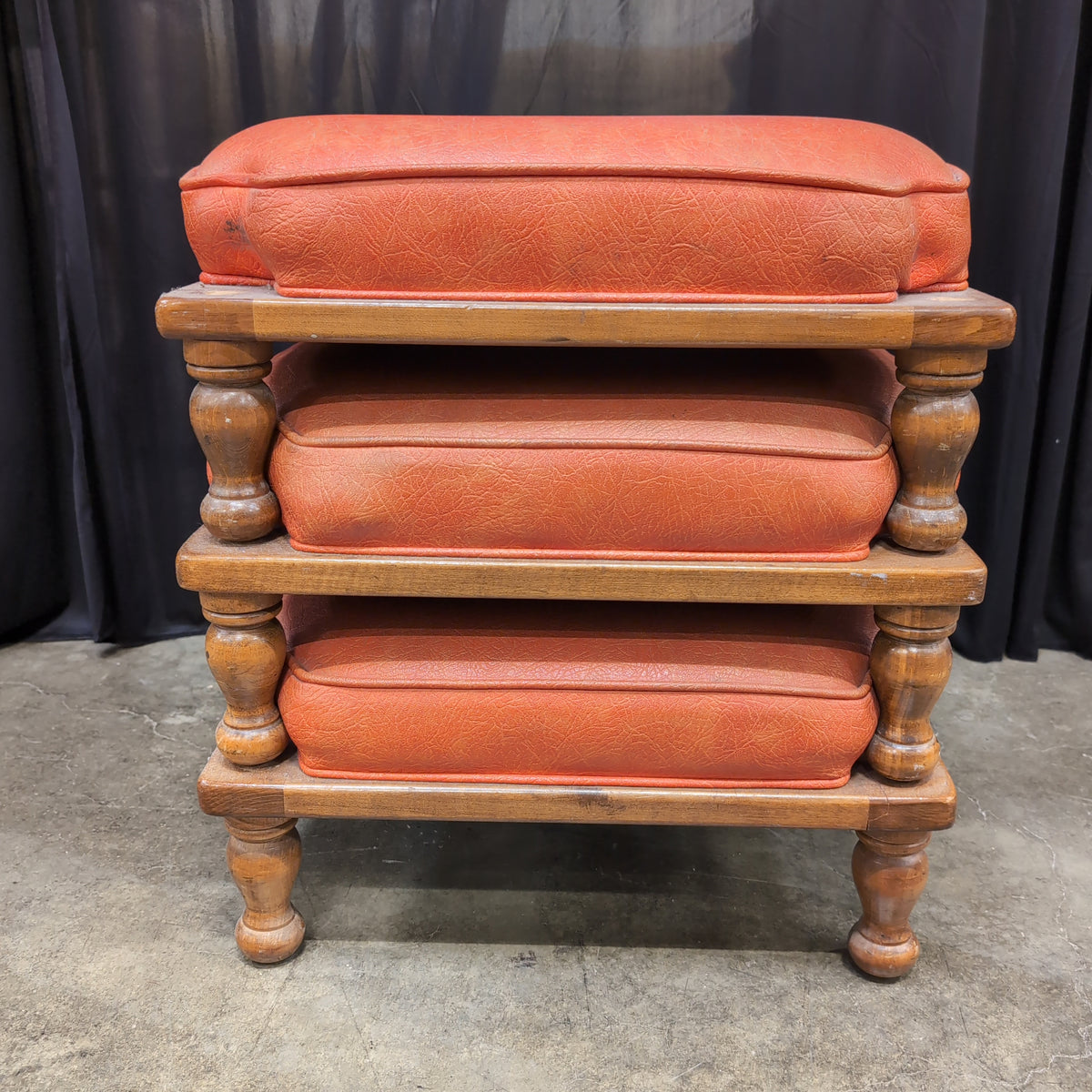 Orange Upholstered Wood Ottoman with Turned Legs