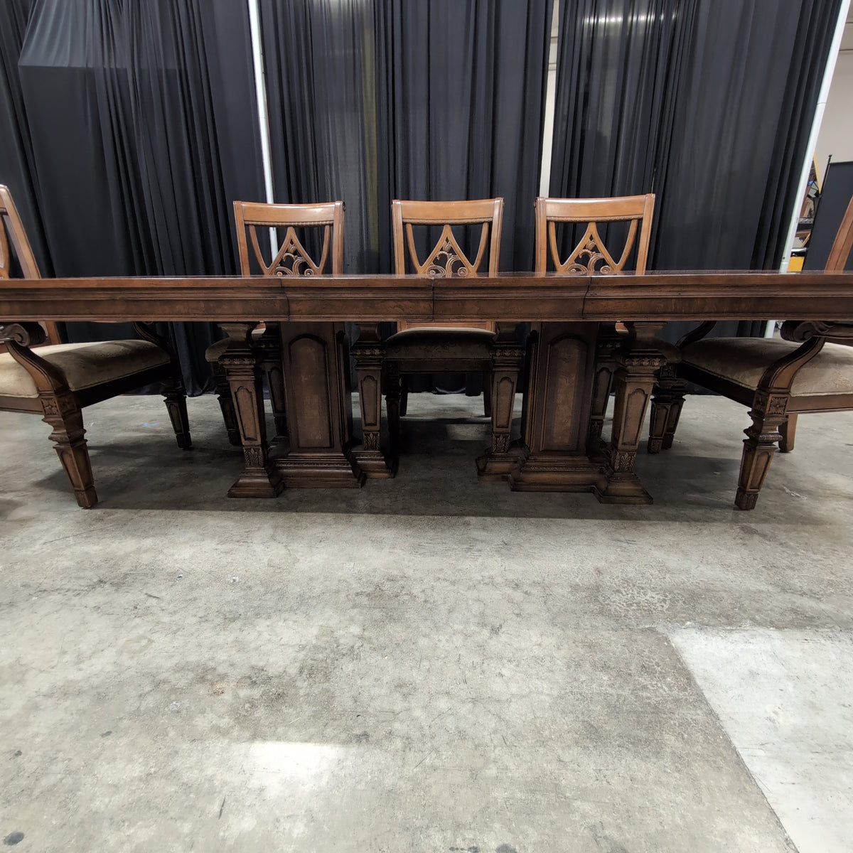 Ornate Carved Back Dining Table Set with Six Chairs