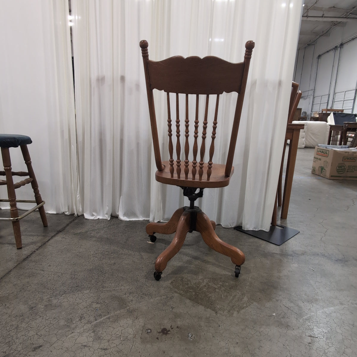Traditional Wood Swivel Office Chair with Carved Backrest