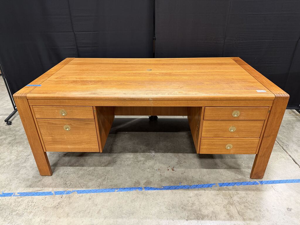 D-Scan Mid Century Modern Solid Teak Executive Desk, Double Pedestal 5-Drawer, Made in Singapore