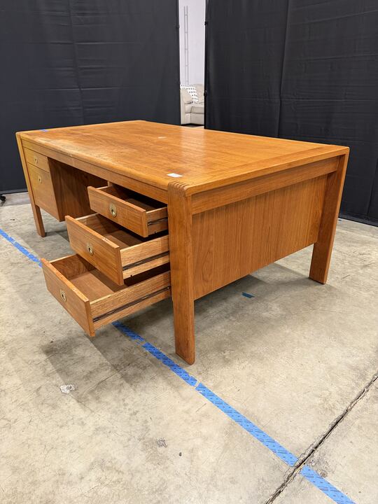 D-Scan Mid Century Modern Solid Teak Executive Desk, Double Pedestal 5-Drawer, Made in Singapore