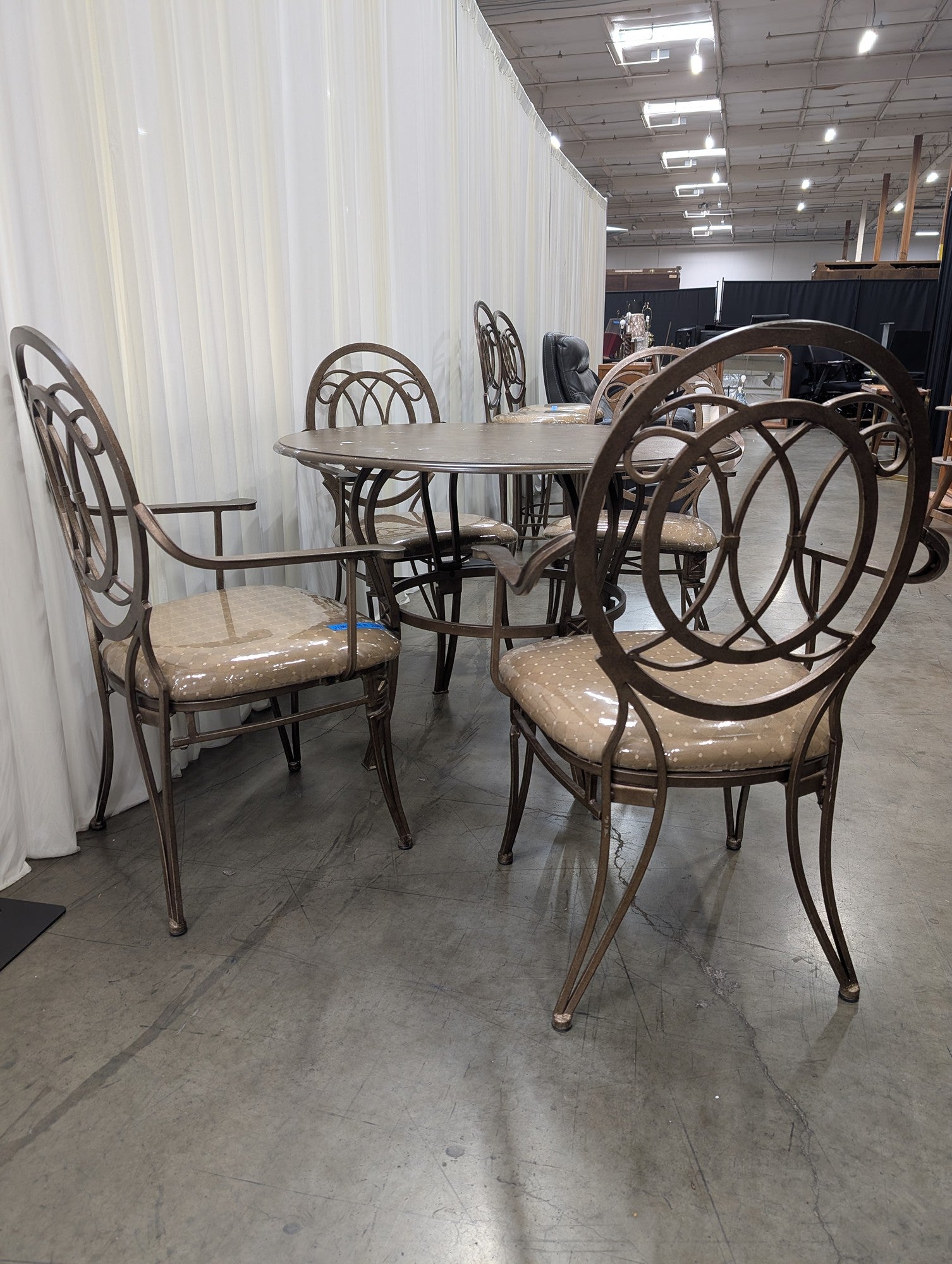 Ornate Bronze Metal Round Dining Set with Four Chairs