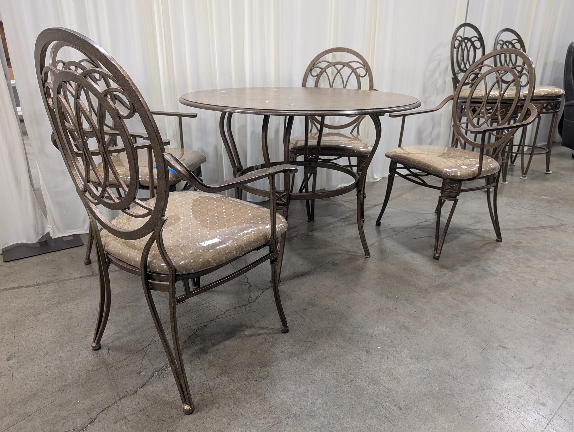 Ornate Bronze Metal Round Dining Set with Four Chairs