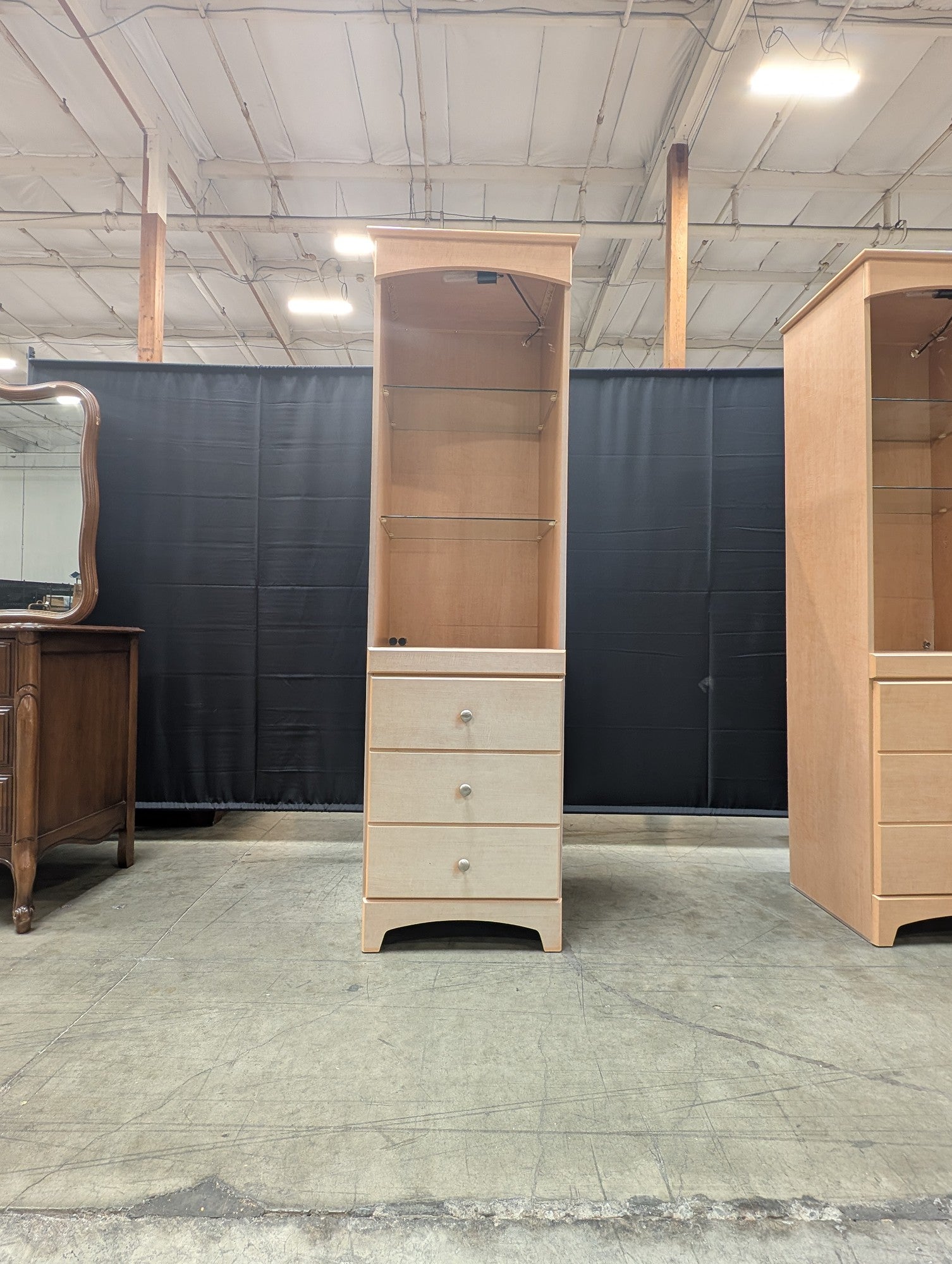 Contemporary Blonde Wood Display Cabinet with Glass Shelves and Storage Drawers