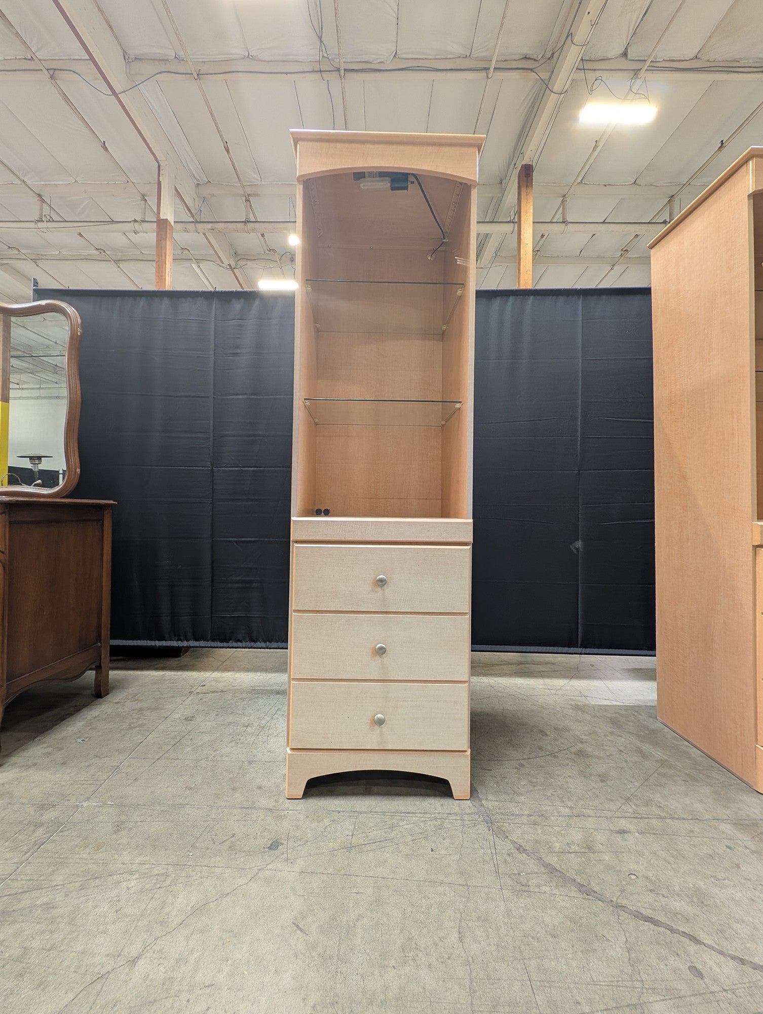 Contemporary Blonde Wood Display Cabinet with Glass Shelves and Storage Drawers