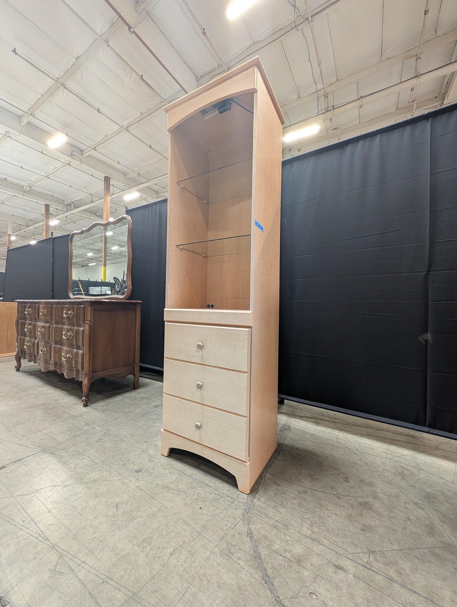 Contemporary Blonde Wood Display Cabinet with Glass Shelves and Storage Drawers