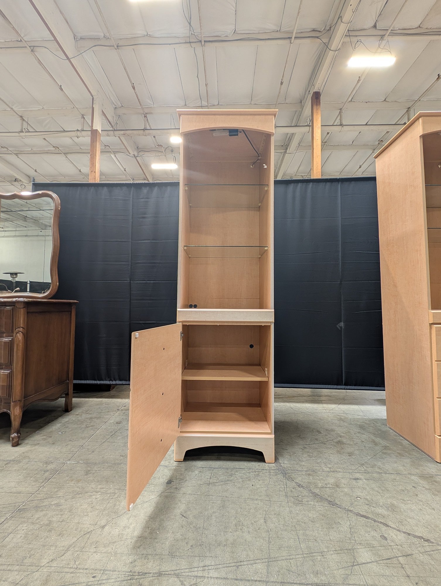 Contemporary Blonde Wood Display Cabinet with Glass Shelves and Storage Drawers