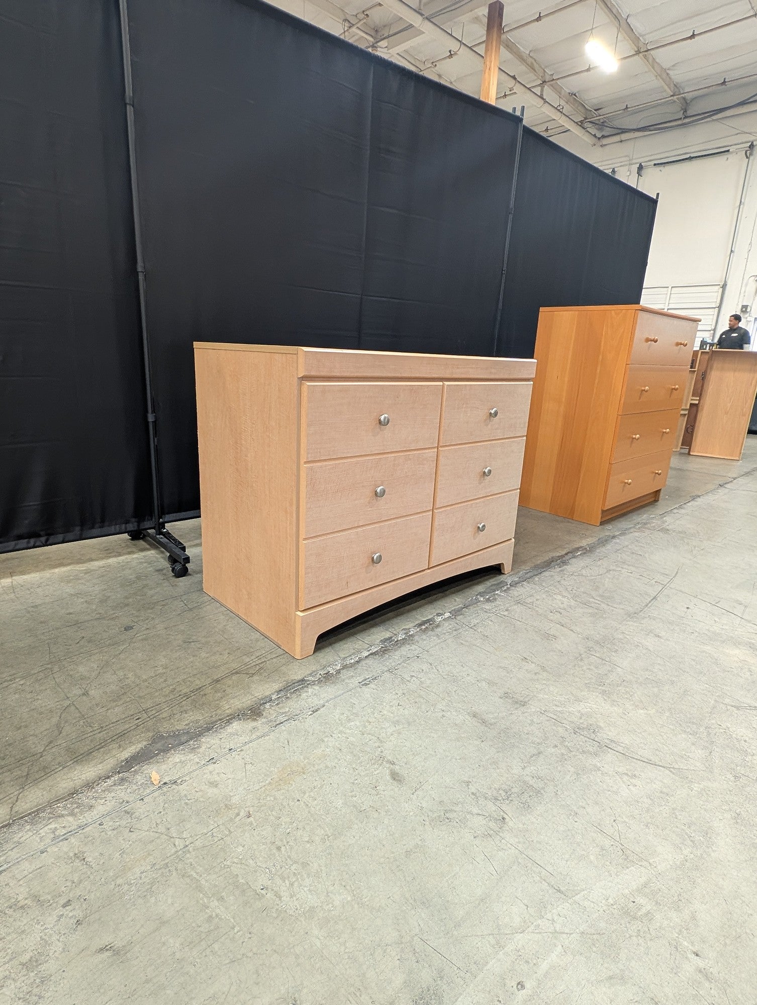 Blonde Wood Six-Compartment Storage Cabinet with Silver Pulls