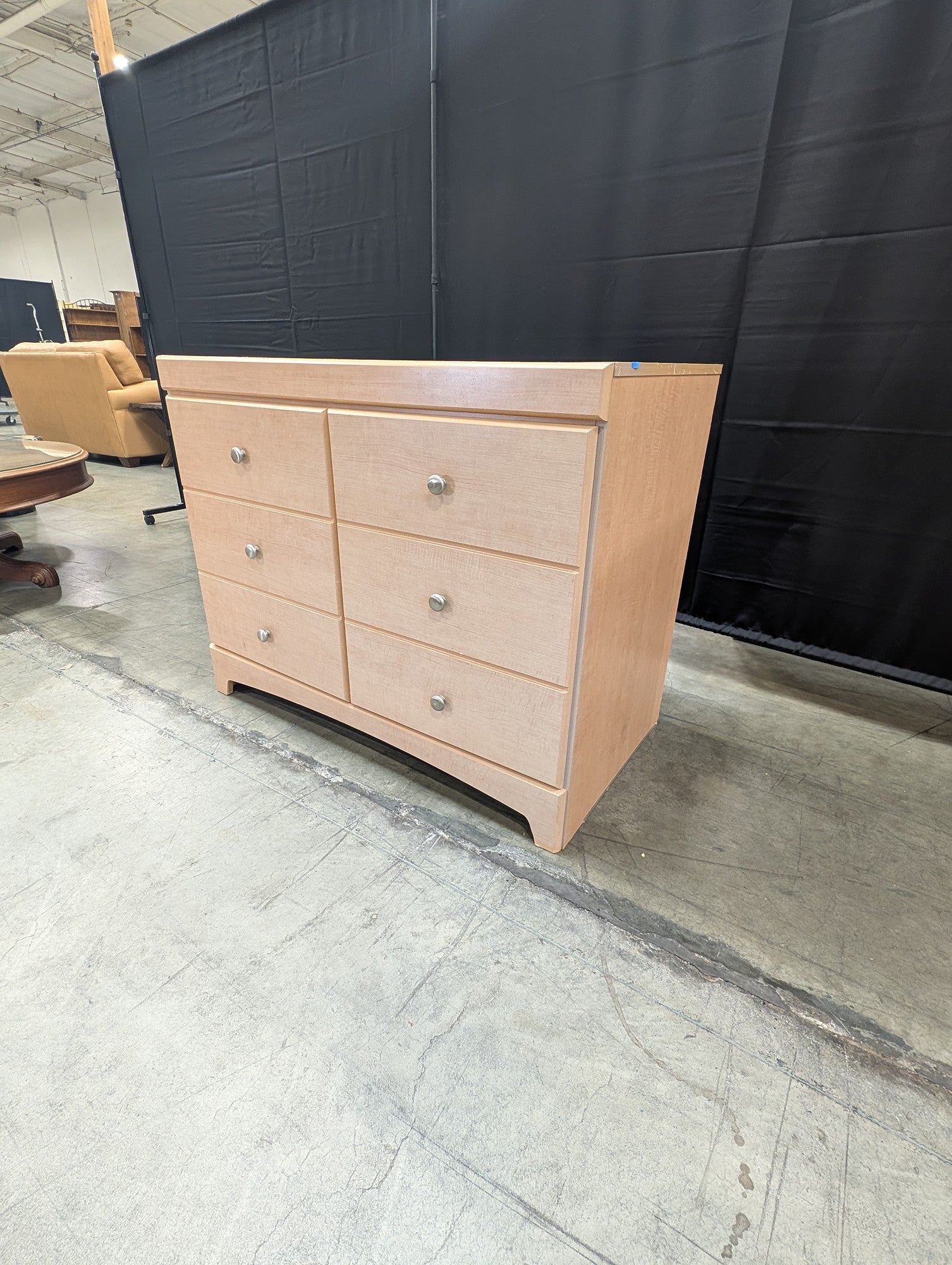 Blonde Wood Six-Compartment Storage Cabinet with Silver Pulls