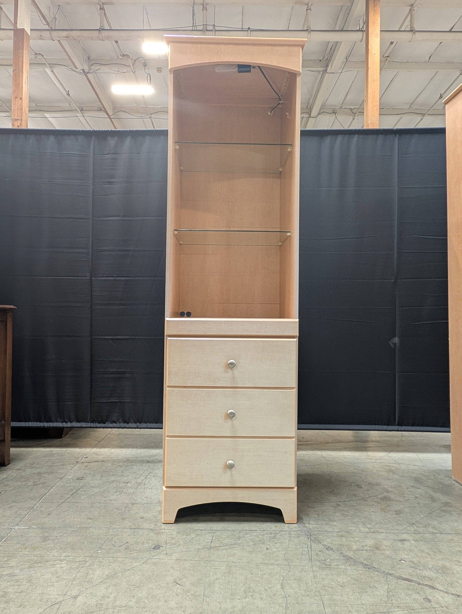 Contemporary Blonde Wood Display Cabinet with Glass Shelves and Storage Drawers