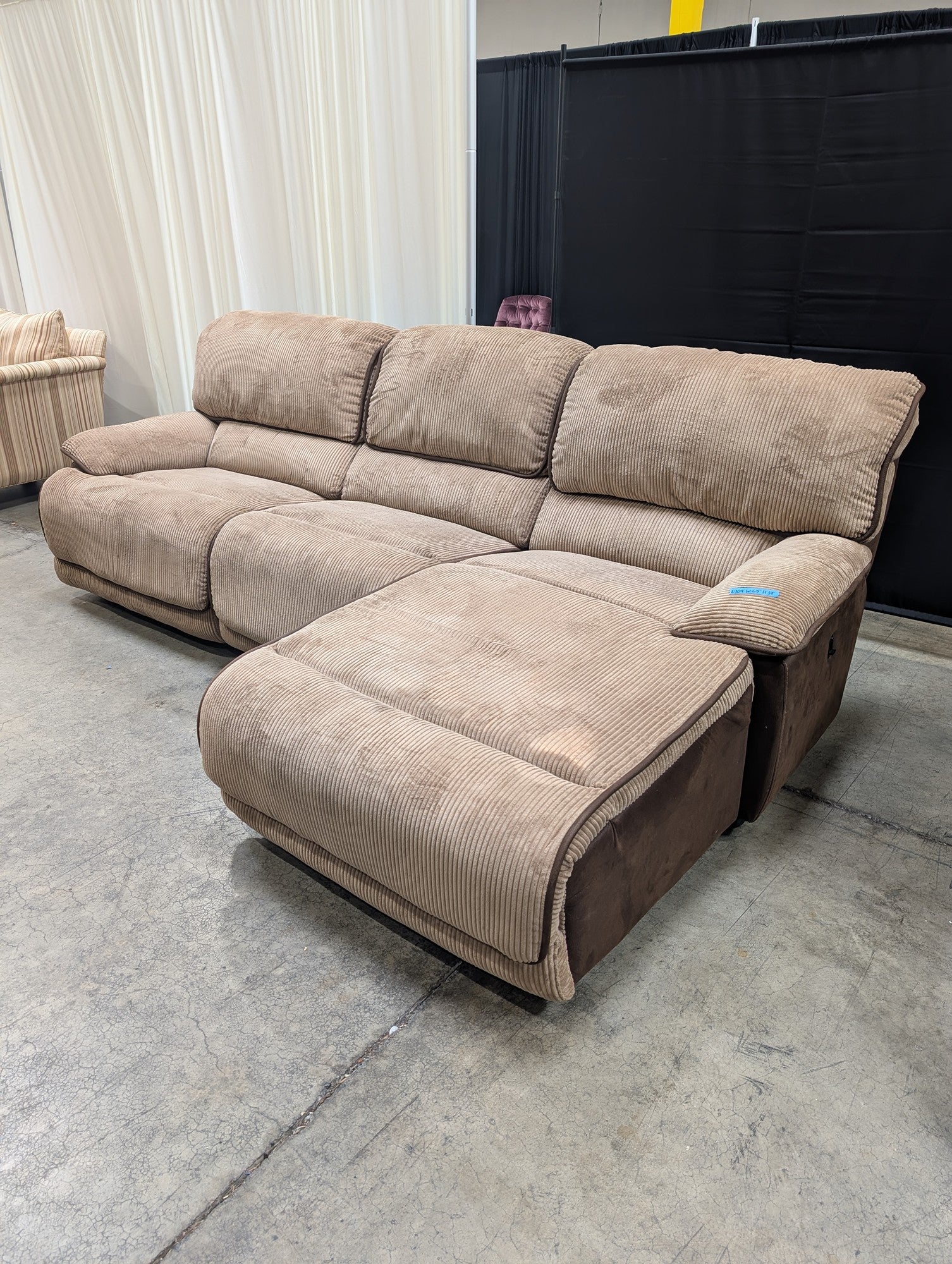 Tan Ribbed Fabric Reclining Sectional Couch with Chaise