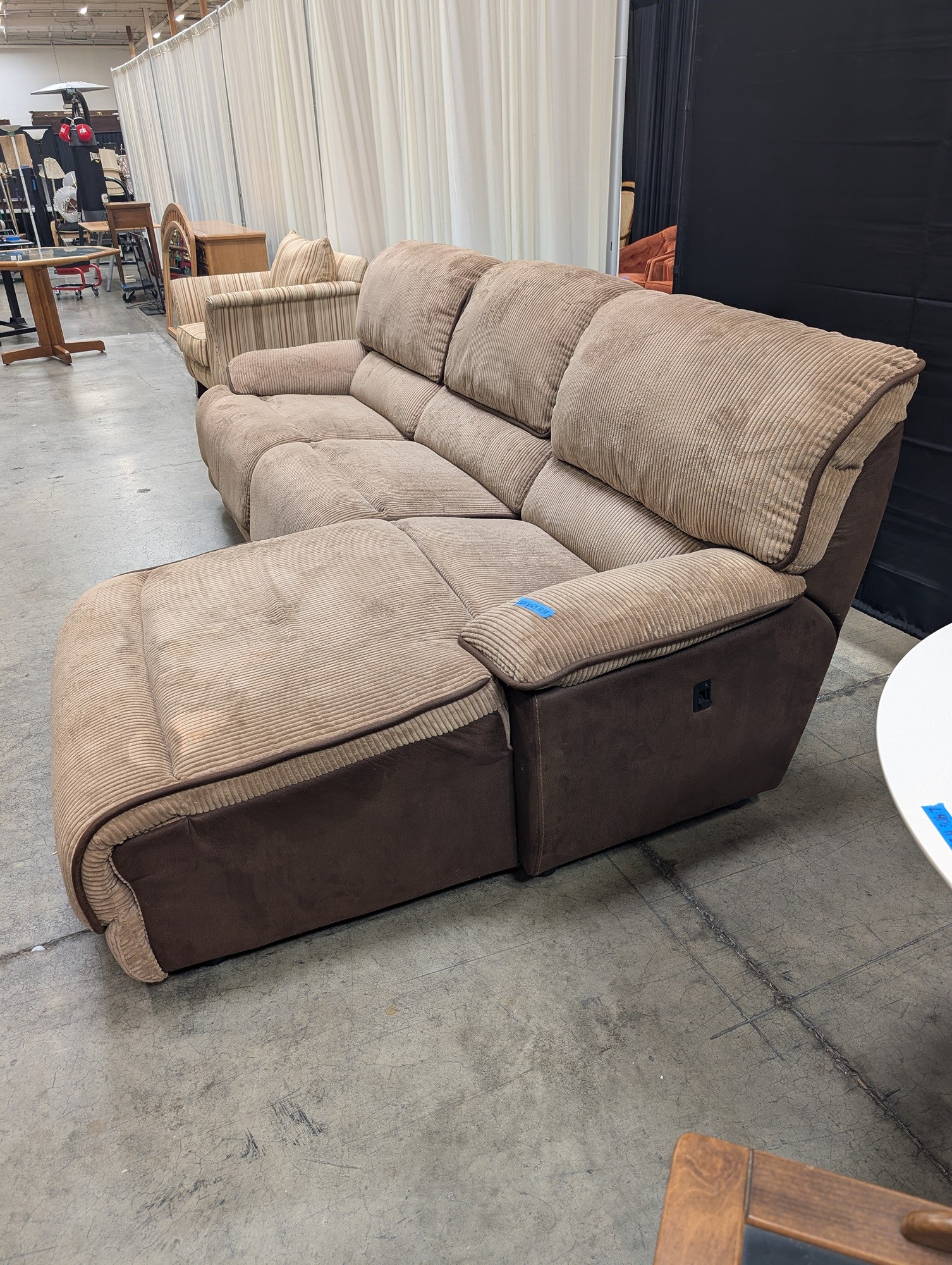 Tan Ribbed Fabric Reclining Sectional Couch with Chaise