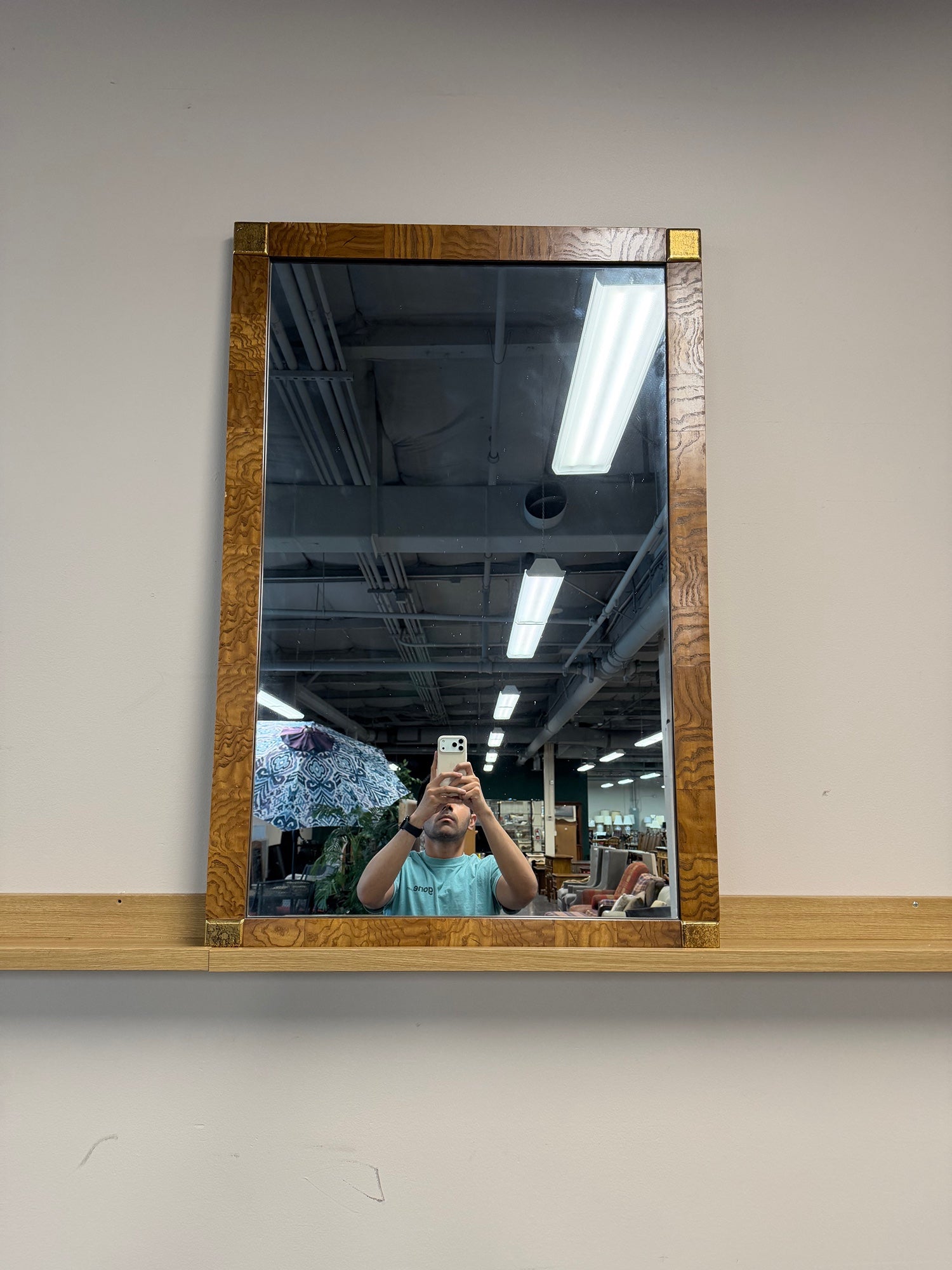 Patterned Real Wood Frame Wall Mirror with Brass Corners
