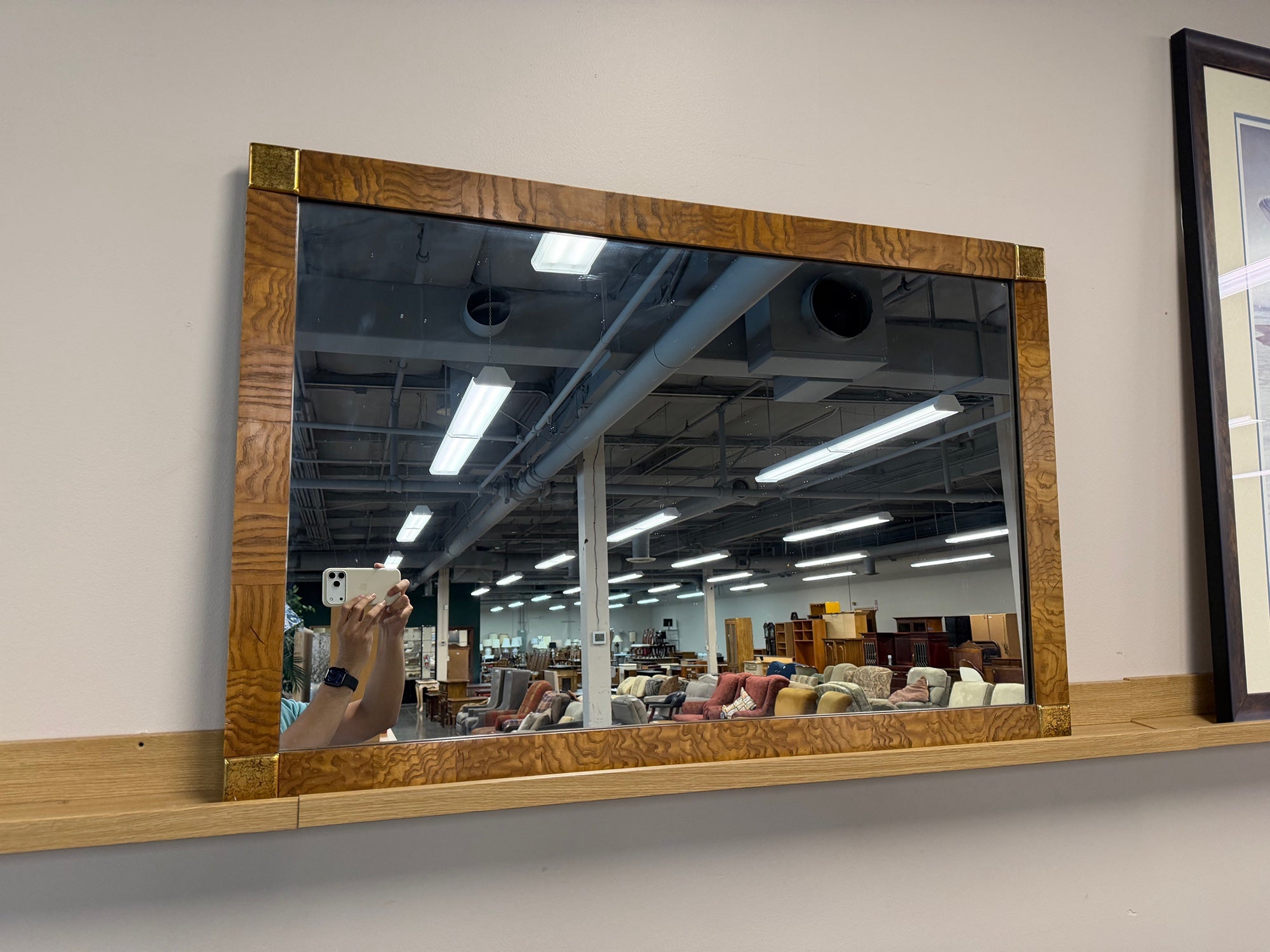Patterned Real Wood Frame Wall Mirror with Brass Corners